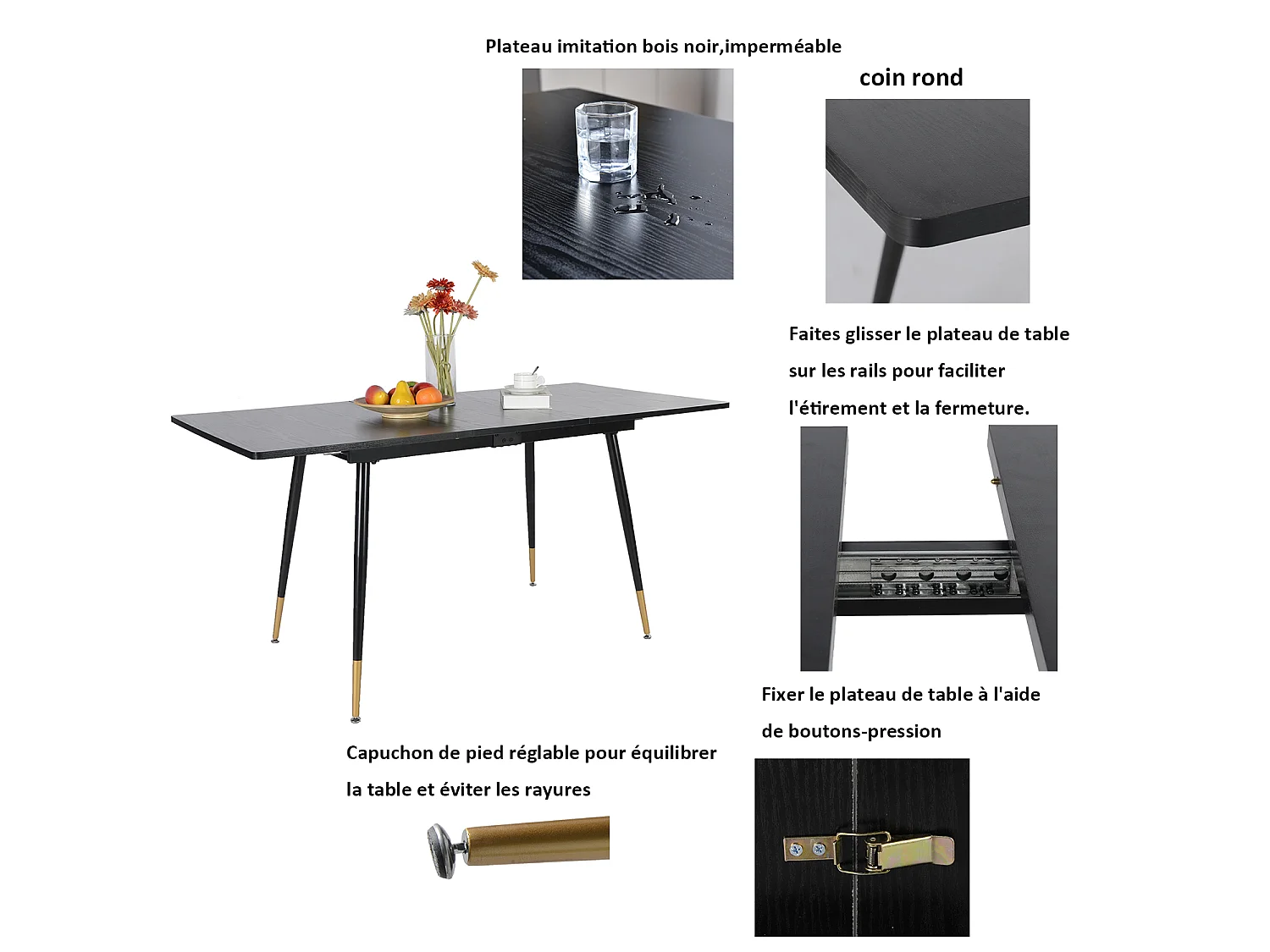 WHALENCHARLTON - Table à manger extensible 120-160 cm à rallonge papillon avec plateau noir et 4 chaises en tissu jaune