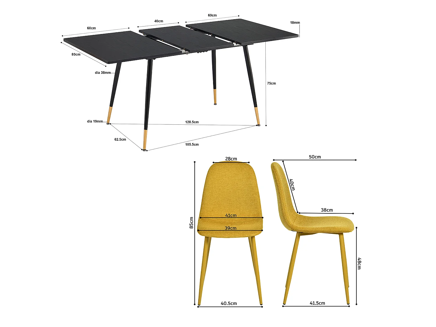 WHALENCHARLTON - Table à manger extensible 120-160 cm à rallonge papillon avec plateau noir et 4 chaises en tissu jaune