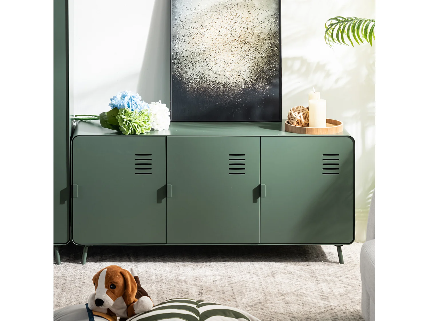 WALNUT - Armoire de rangement métallique 3 portes avec étagères intérieures et coins arrondis en vert