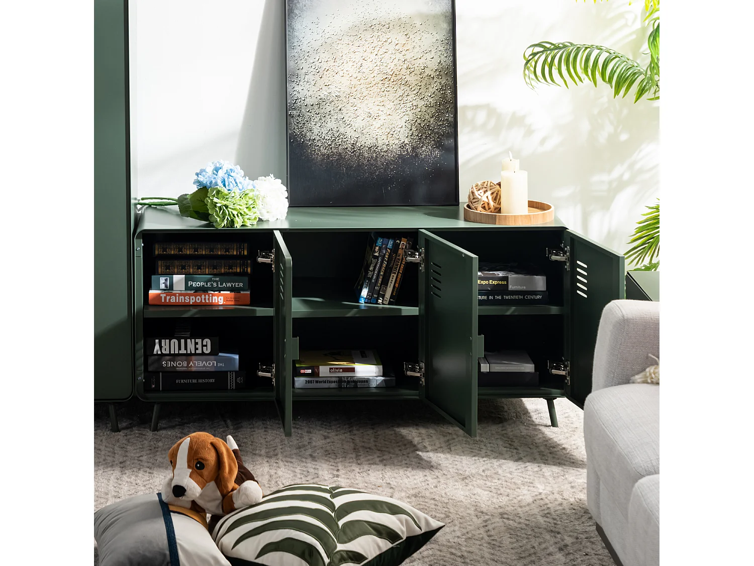WALNUT - Armoire de rangement métallique 3 portes avec étagères intérieures et coins arrondis en vert