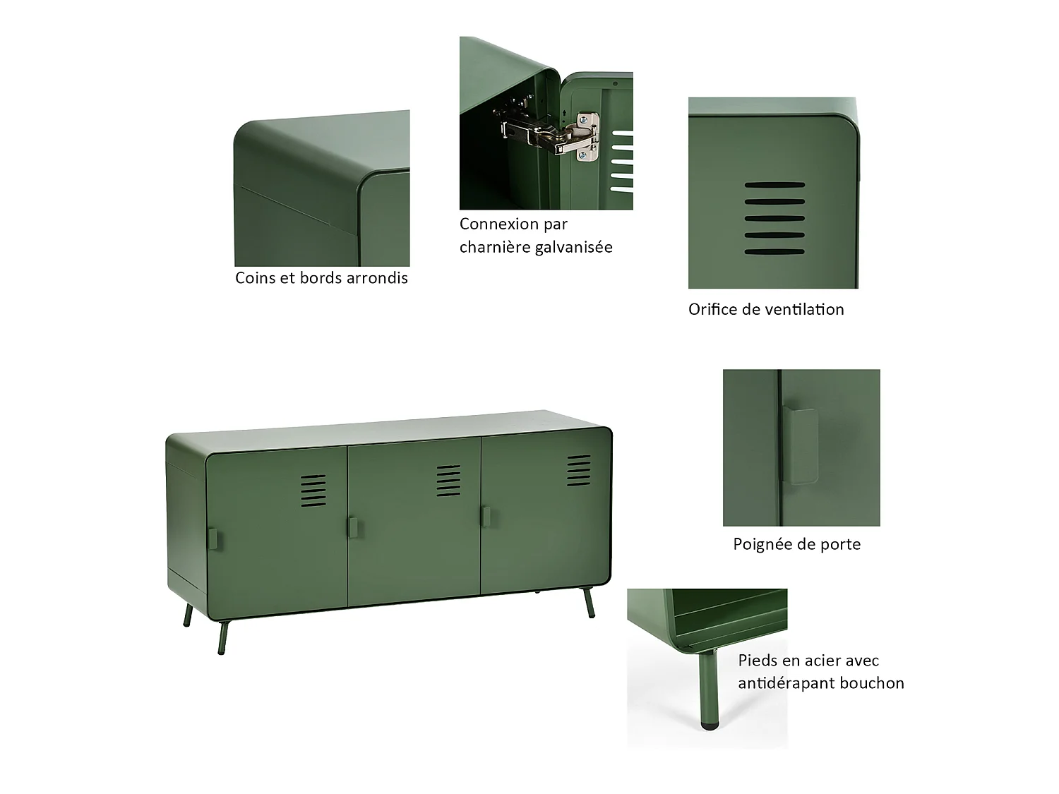 WALNUT - Armoire de rangement métallique 3 portes avec étagères intérieures et coins arrondis en vert