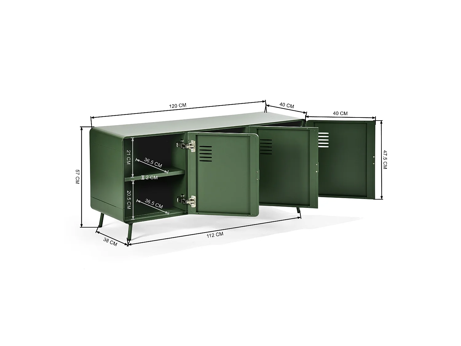 WALNUT - Armoire de rangement métallique 3 portes avec étagères intérieures et coins arrondis en vert