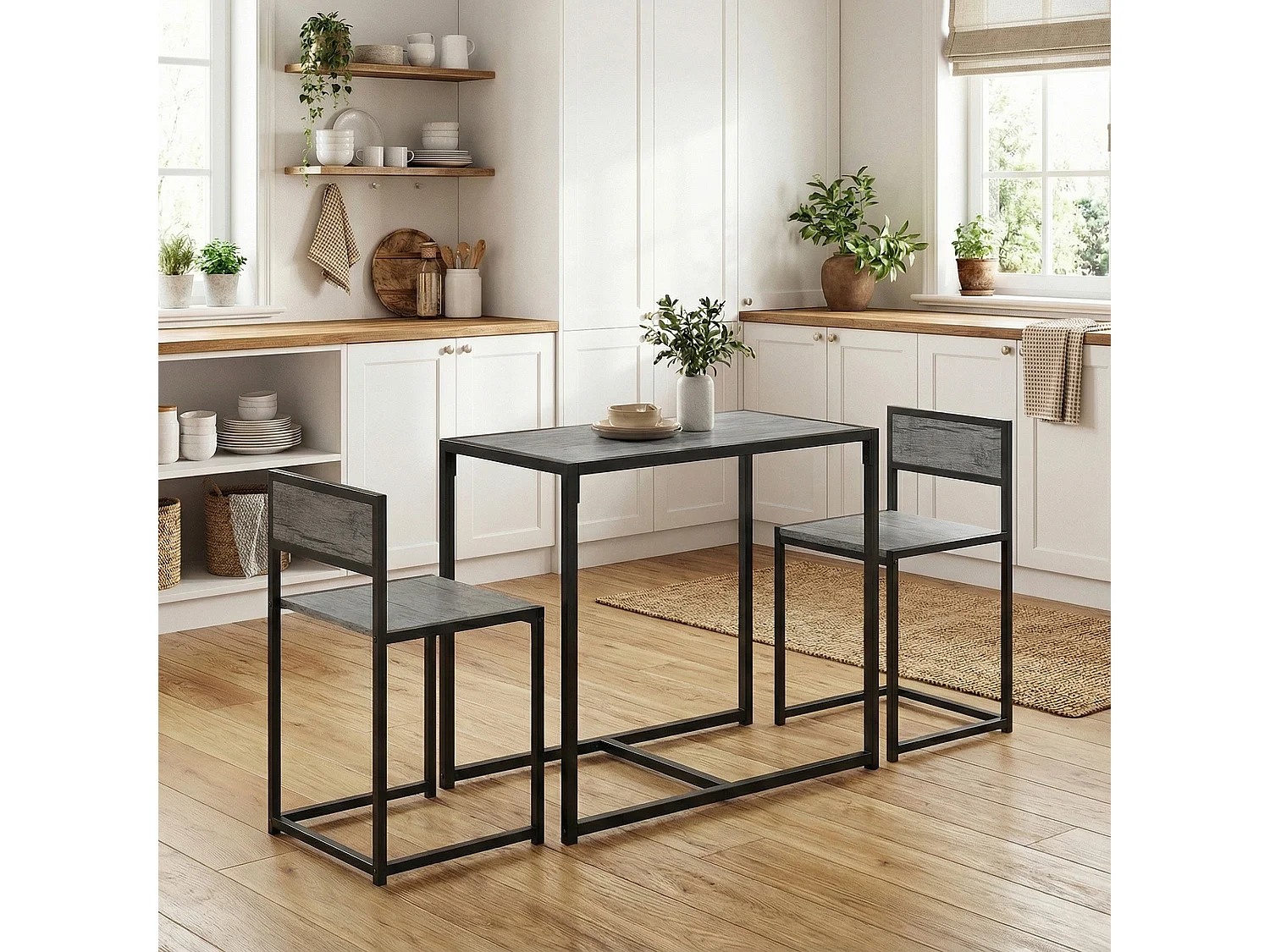 Nenepa 3 Piece Charcoal Grey Wood Effect Dining Table and Stools