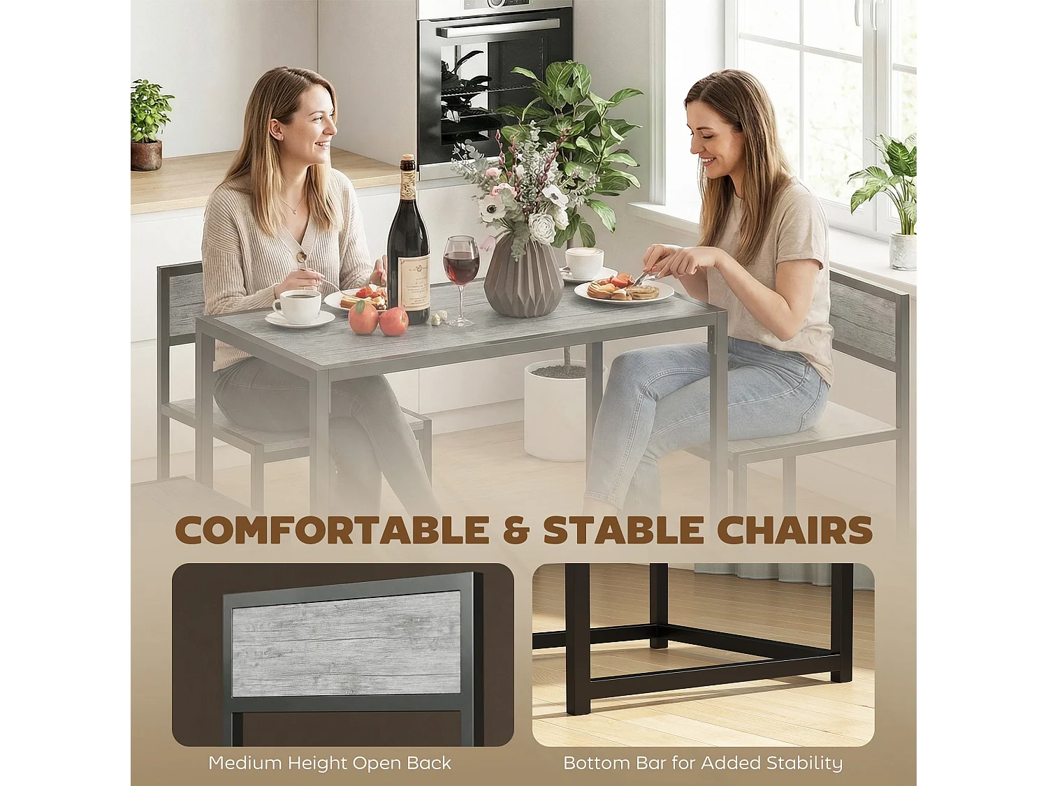Nenepa 3 Piece Charcoal Grey Wood Effect Dining Table and Stools