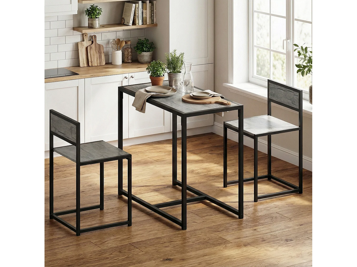 Nenepa 3 Piece Charcoal Grey Wood Effect Dining Table and Stools