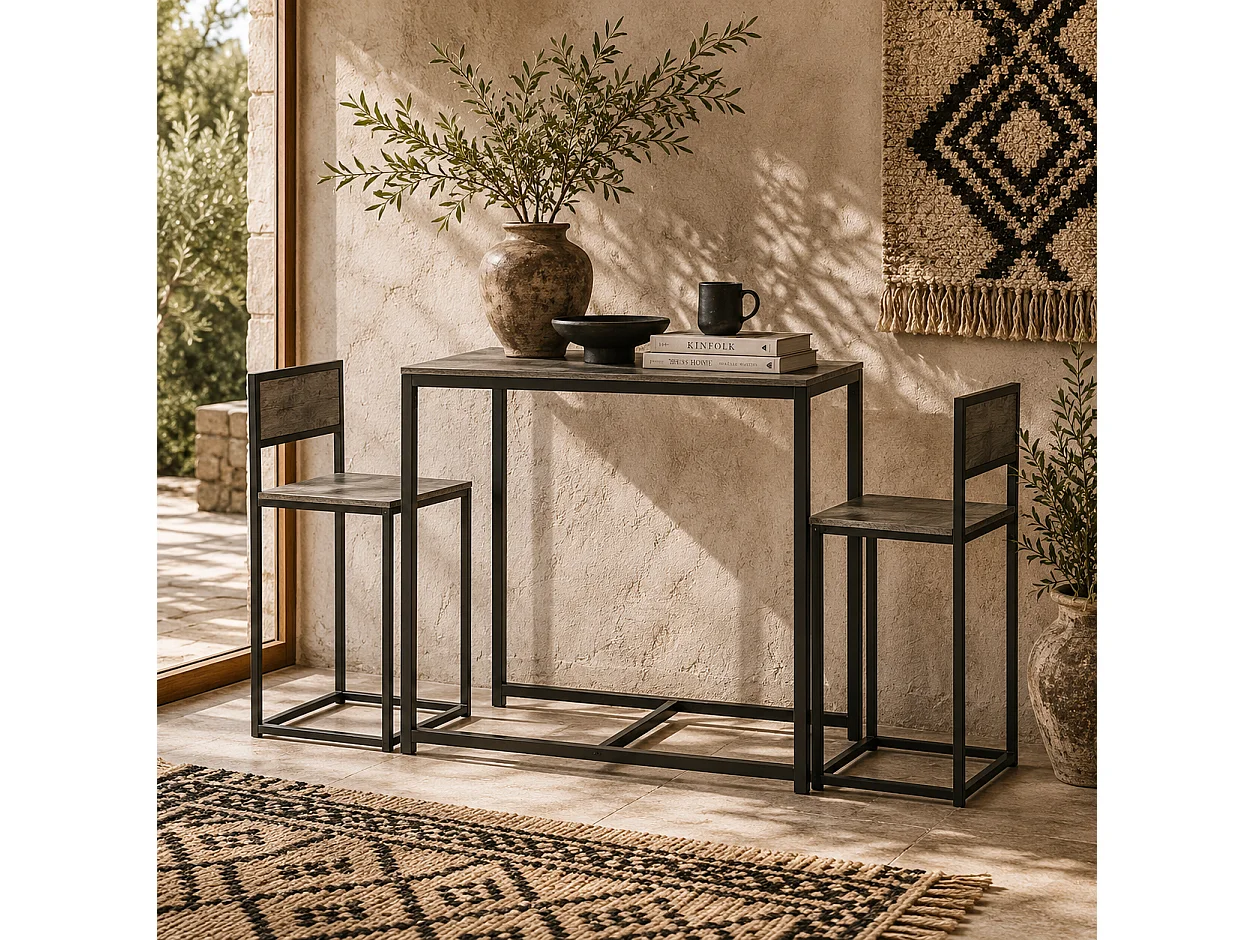 Nenepa 3 Piece Charcoal Grey Wood Effect Dining Table and Stools