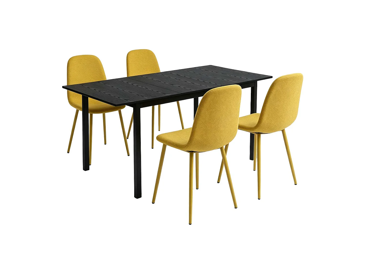 BARICHARLTON - Table à manger extensible 120-160 cm à rallonge papillon avec plateau noir et 4 chaises en tissu jaune