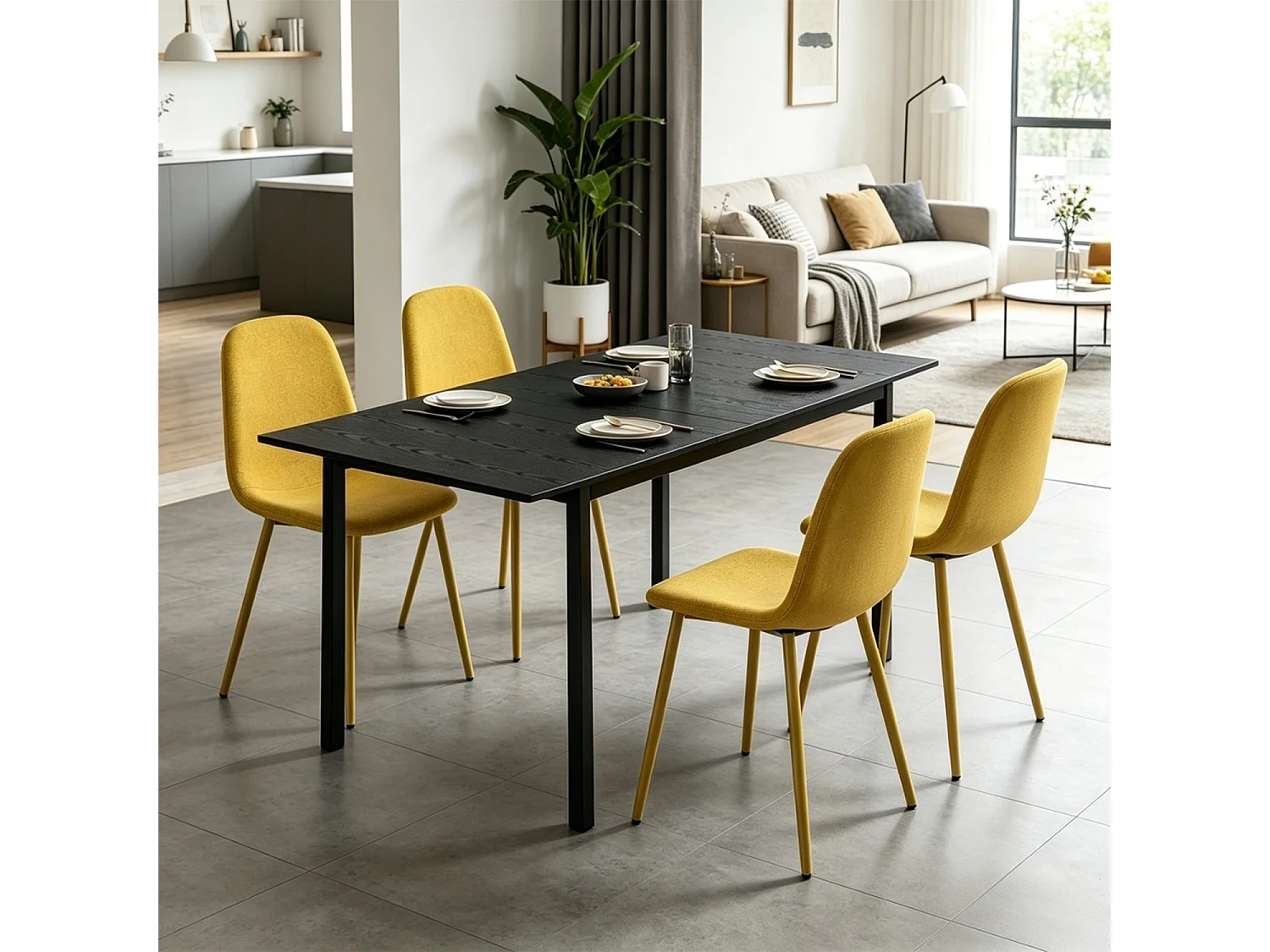 BARICHARLTON - Table à manger extensible 120-160 cm à rallonge papillon avec plateau noir et 4 chaises en tissu jaune
