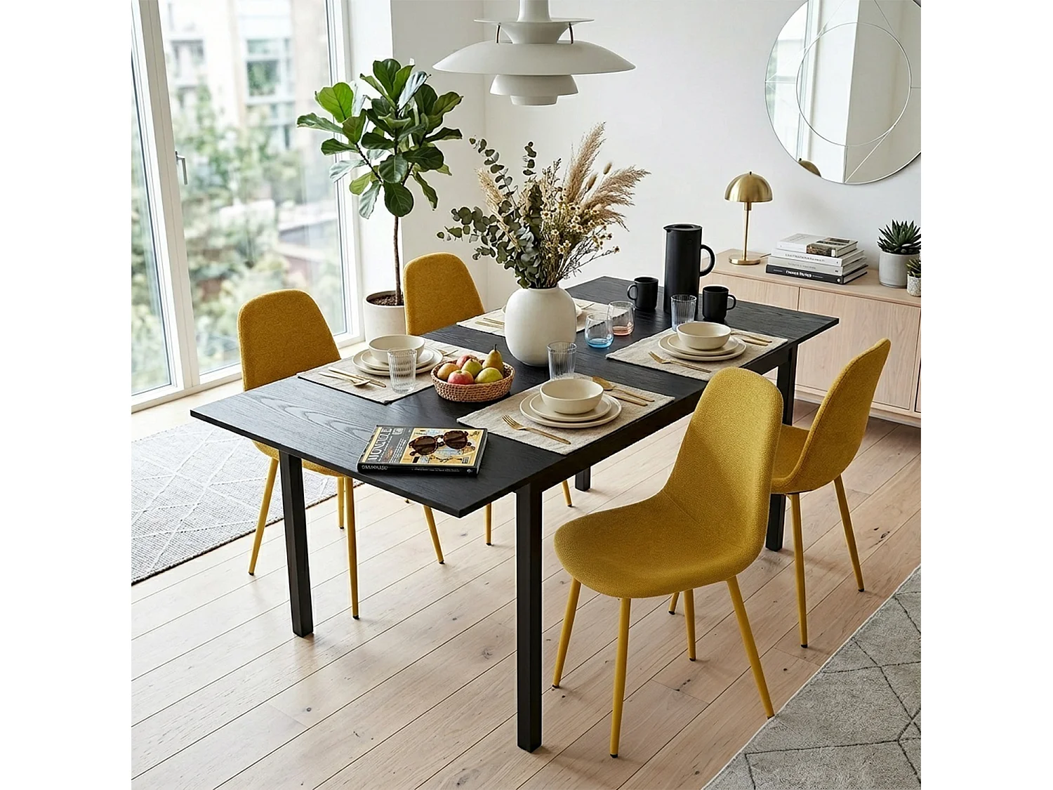 BARICHARLTON - Table à manger extensible 120-160 cm à rallonge papillon avec plateau noir et 4 chaises en tissu jaune
