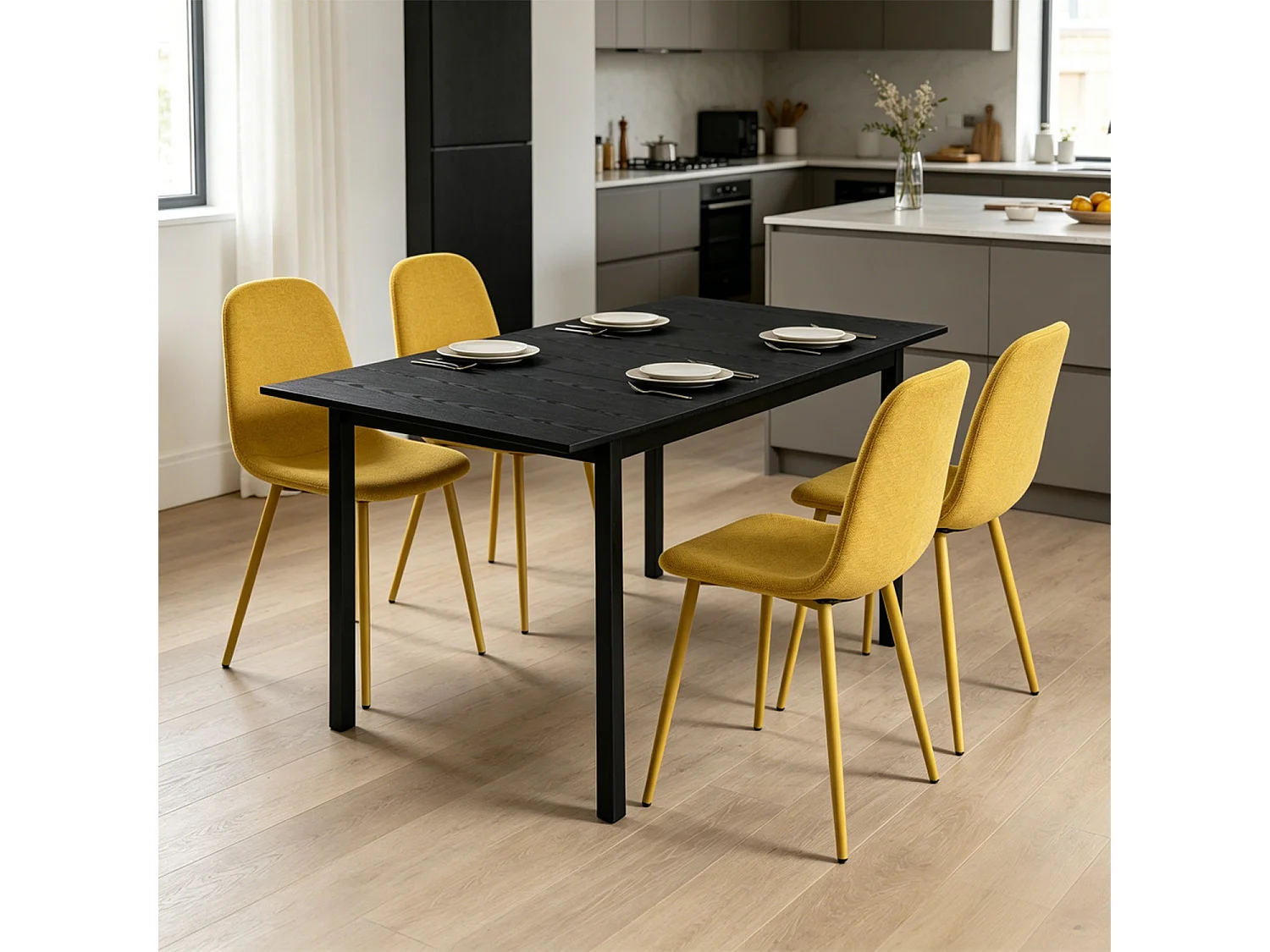 BARICHARLTON - Table à manger extensible 120-160 cm à rallonge papillon avec plateau noir et 4 chaises en tissu jaune