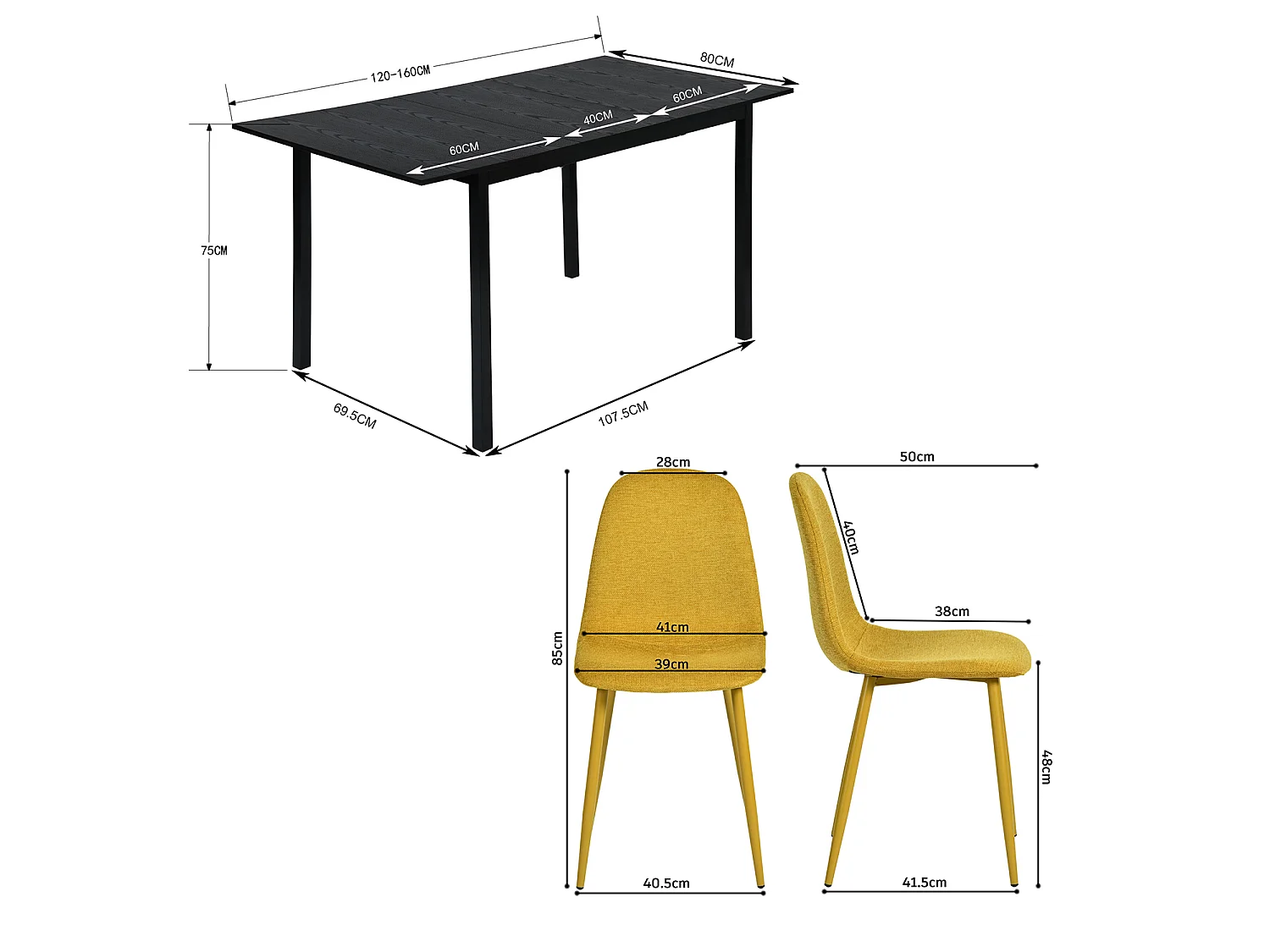 BARICHARLTON - Table à manger extensible 120-160 cm à rallonge papillon avec plateau noir et 4 chaises en tissu jaune