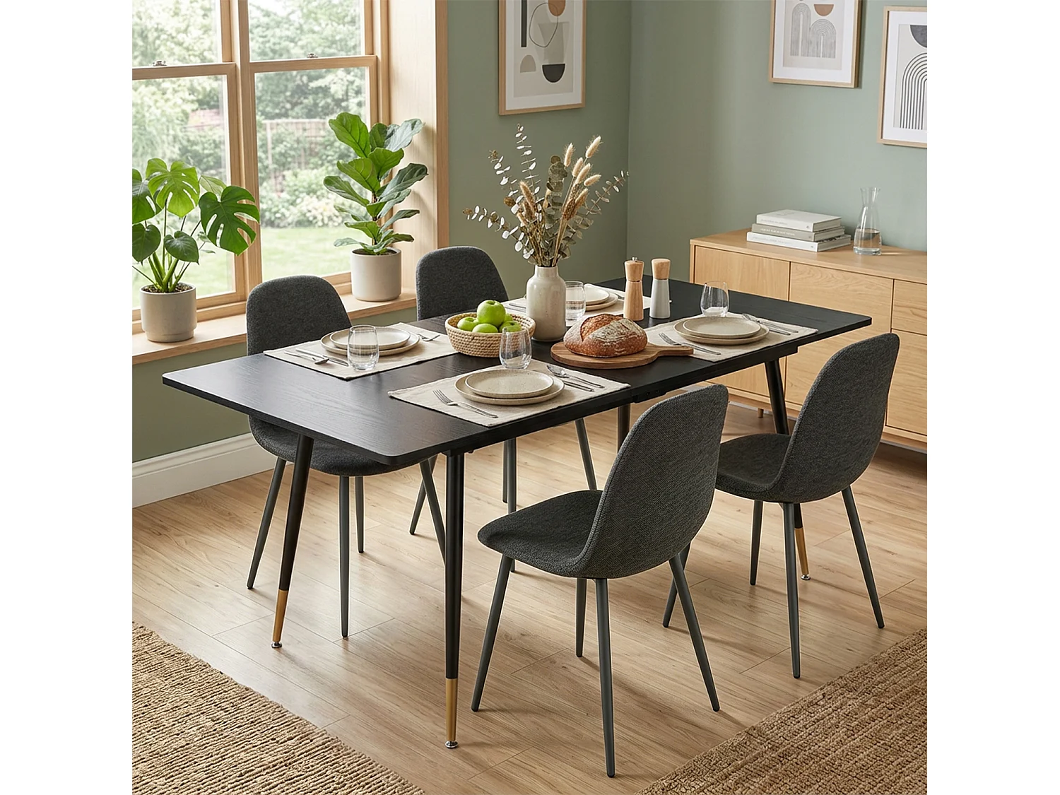 WHALENCHARLTON - Table à manger extensible 120-160 cm à rallonge papillon avec plateau noir et 4 chaises en tissu gris foncé