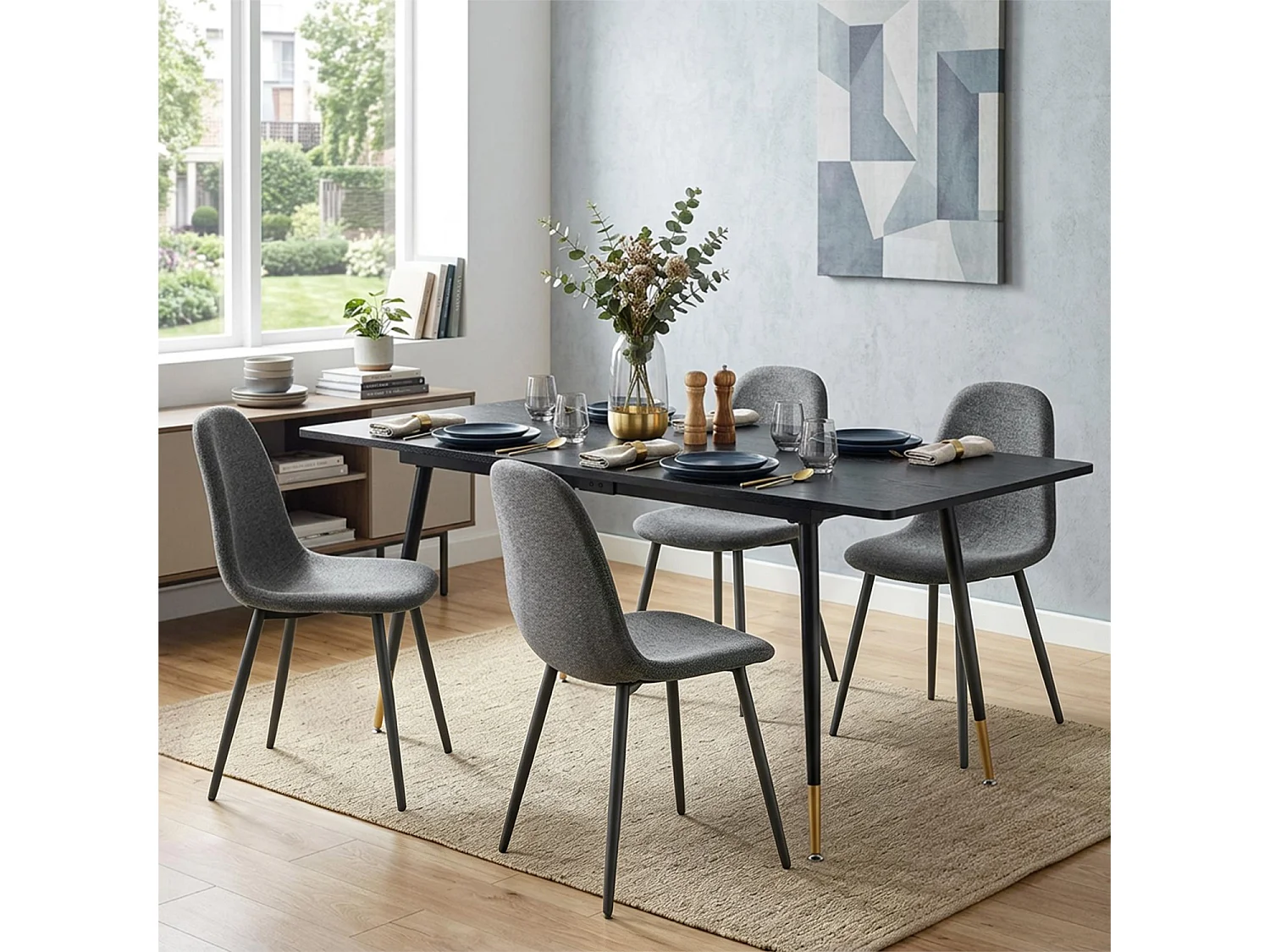 WHALENCHARLTON - Table à manger extensible 120-160 cm à rallonge papillon avec plateau noir et 4 chaises en tissu gris foncé