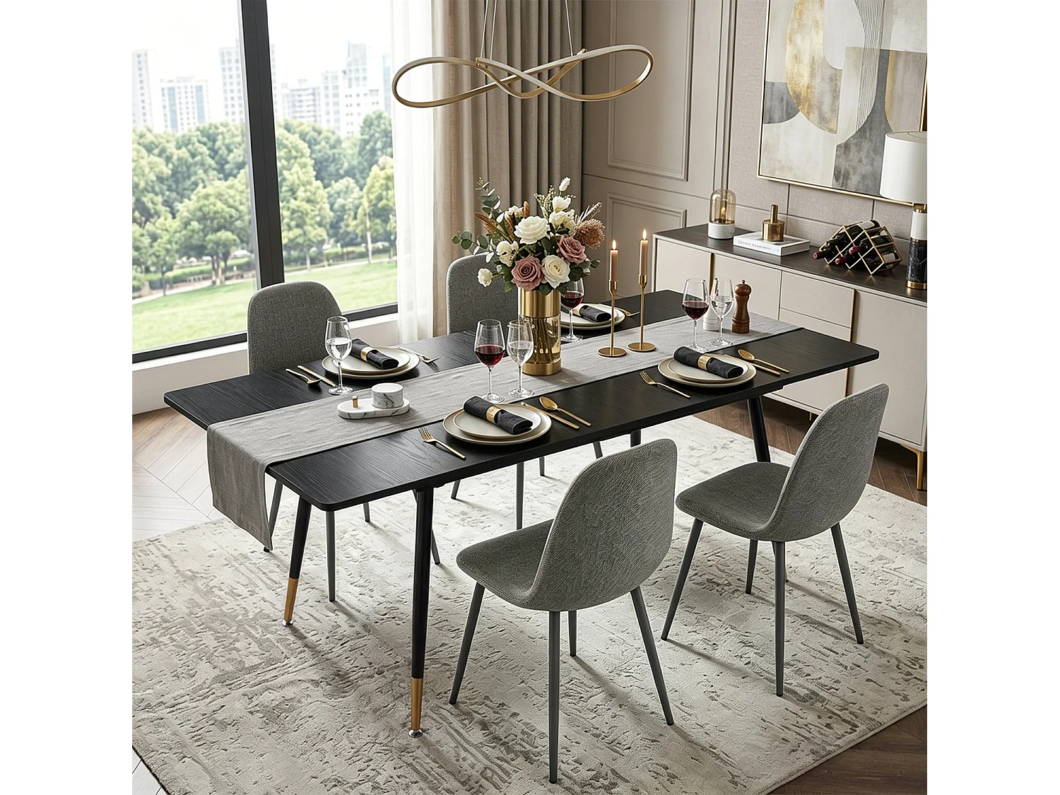 WHALENCHARLTON - Table à manger extensible 120-160 cm à rallonge papillon avec plateau noir et 4 chaises en tissu gris foncé
