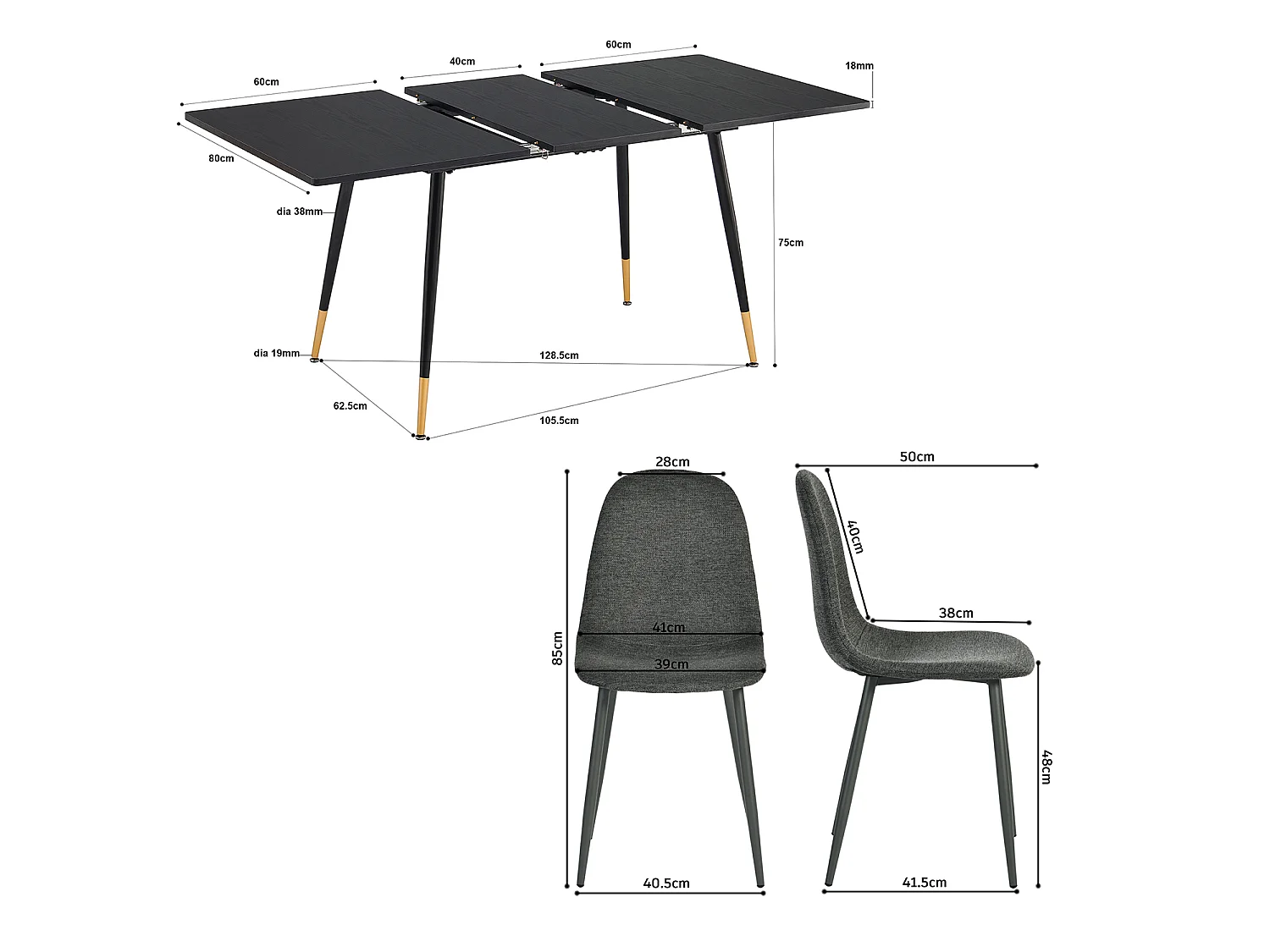 WHALENCHARLTON - Table à manger extensible 120-160 cm à rallonge papillon avec plateau noir et 4 chaises en tissu gris foncé