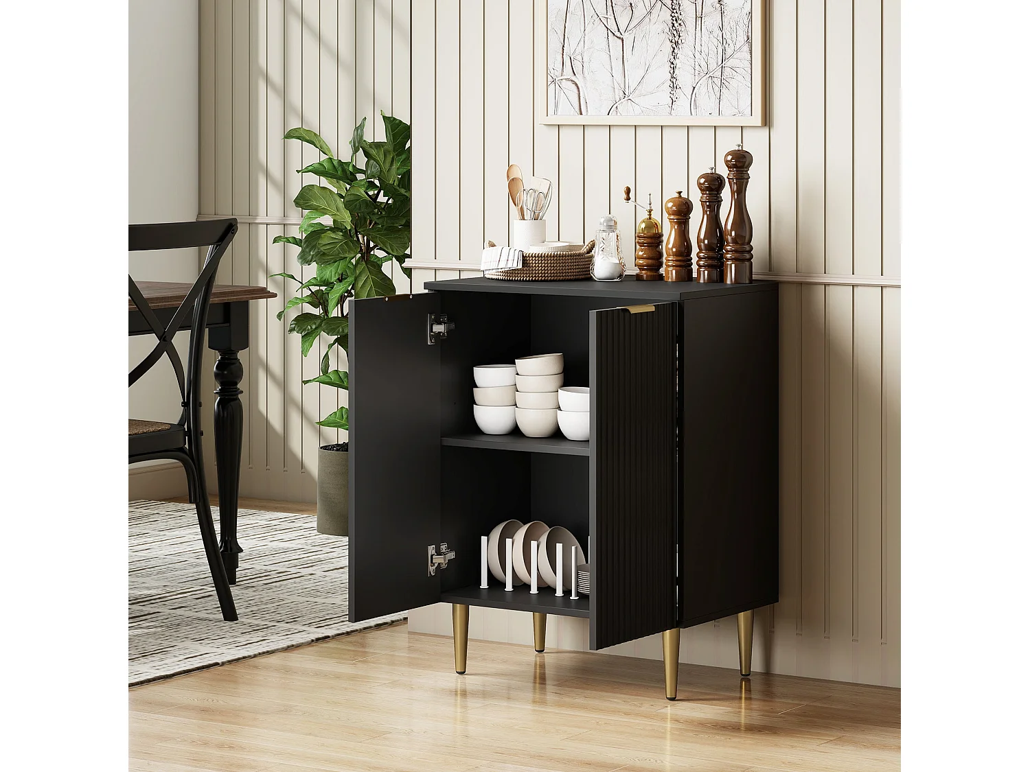 Sutto Black Etched Sideboard 2 Ribbed Doors Gold Accents