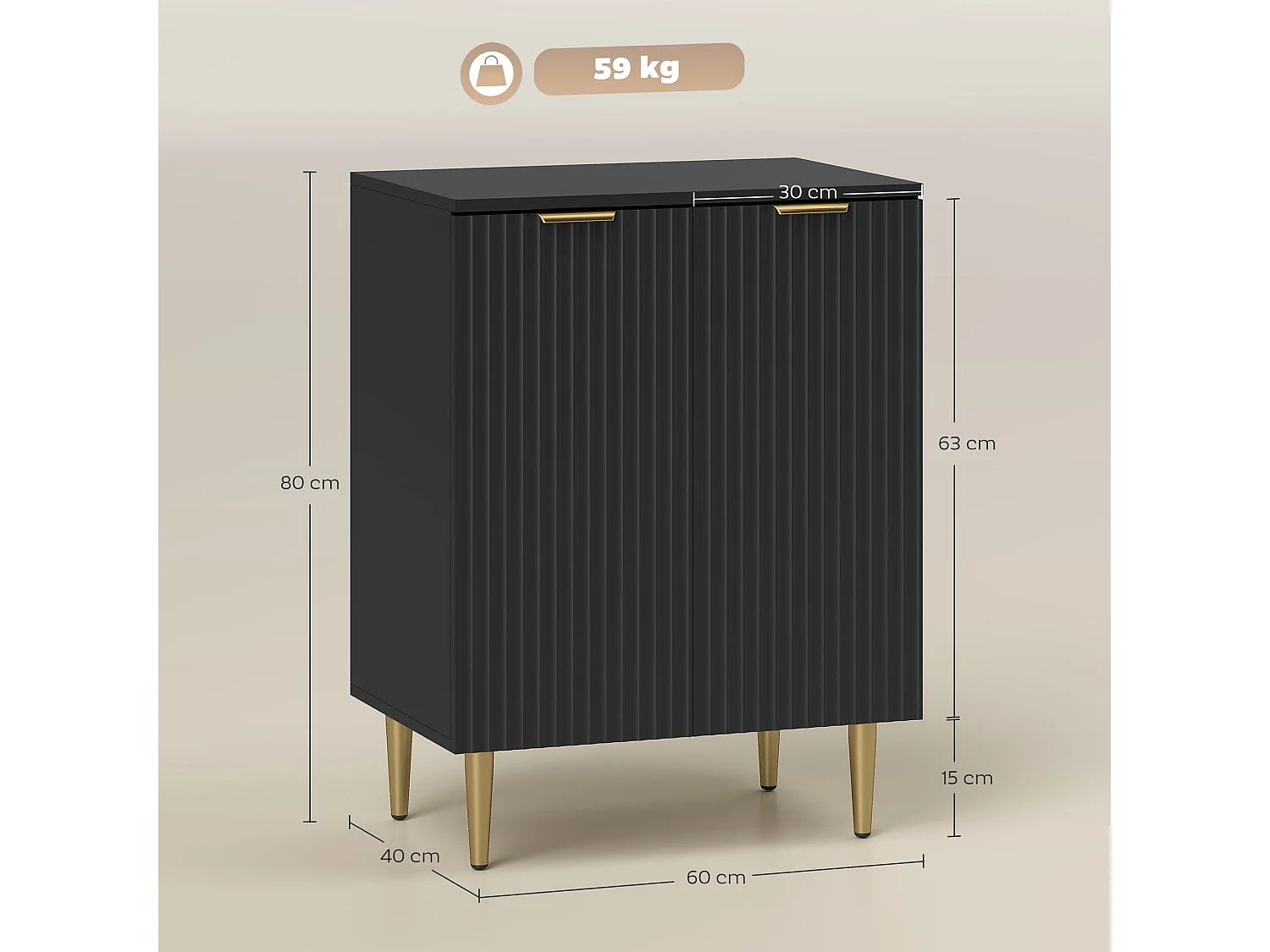 Sutto Black Etched Sideboard 2 Ribbed Doors Gold Accents