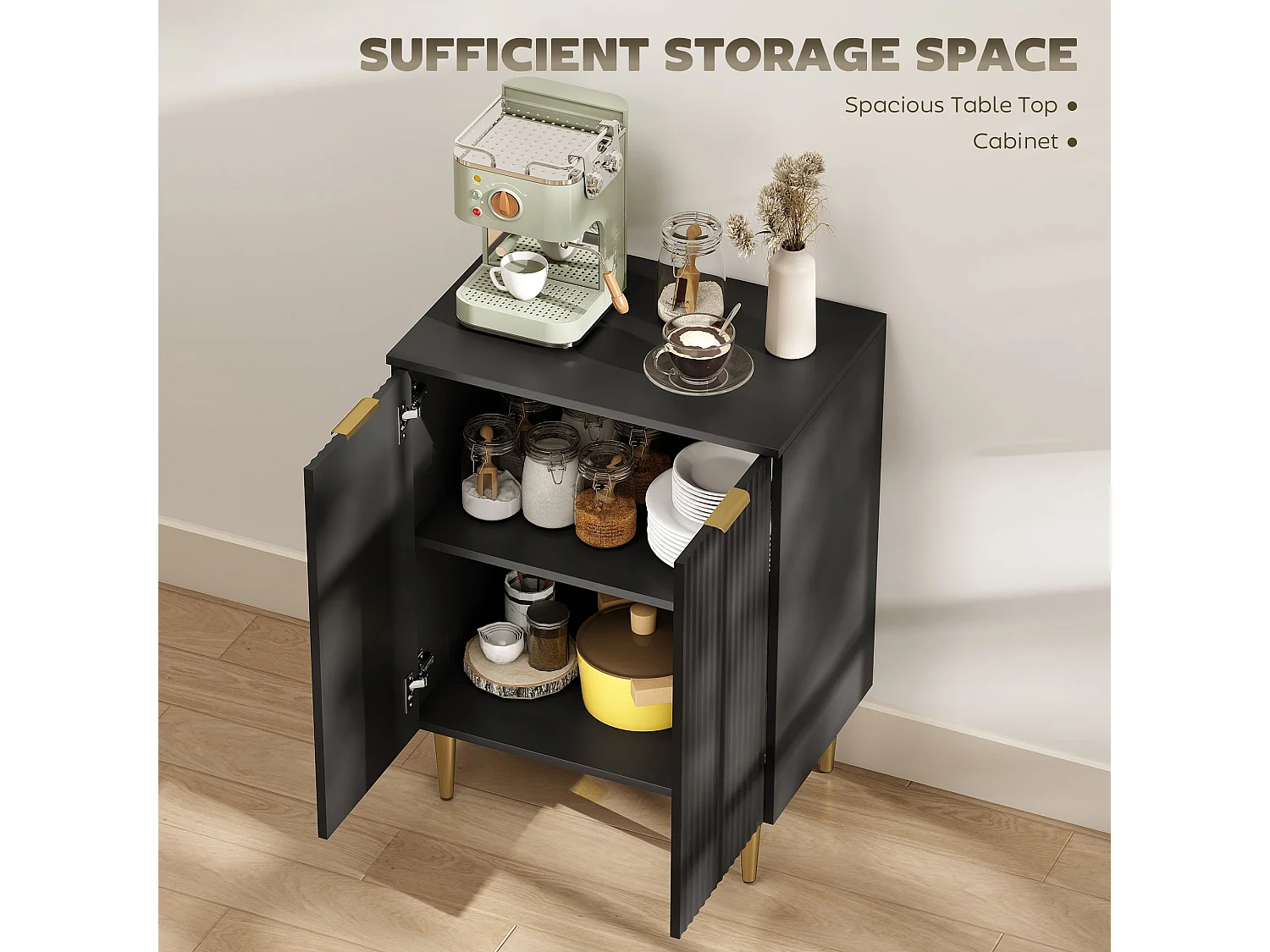 Sutto Black Etched Sideboard 2 Ribbed Doors Gold Accents