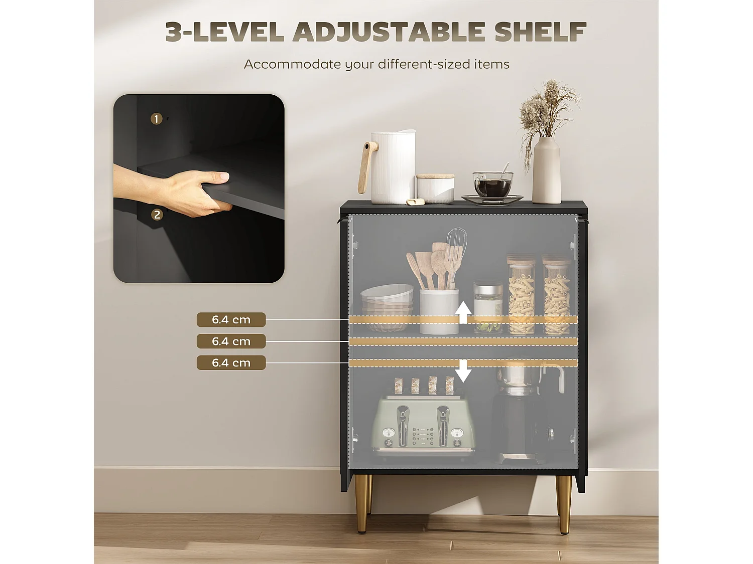 Sutto Black Etched Sideboard 2 Ribbed Doors Gold Accents