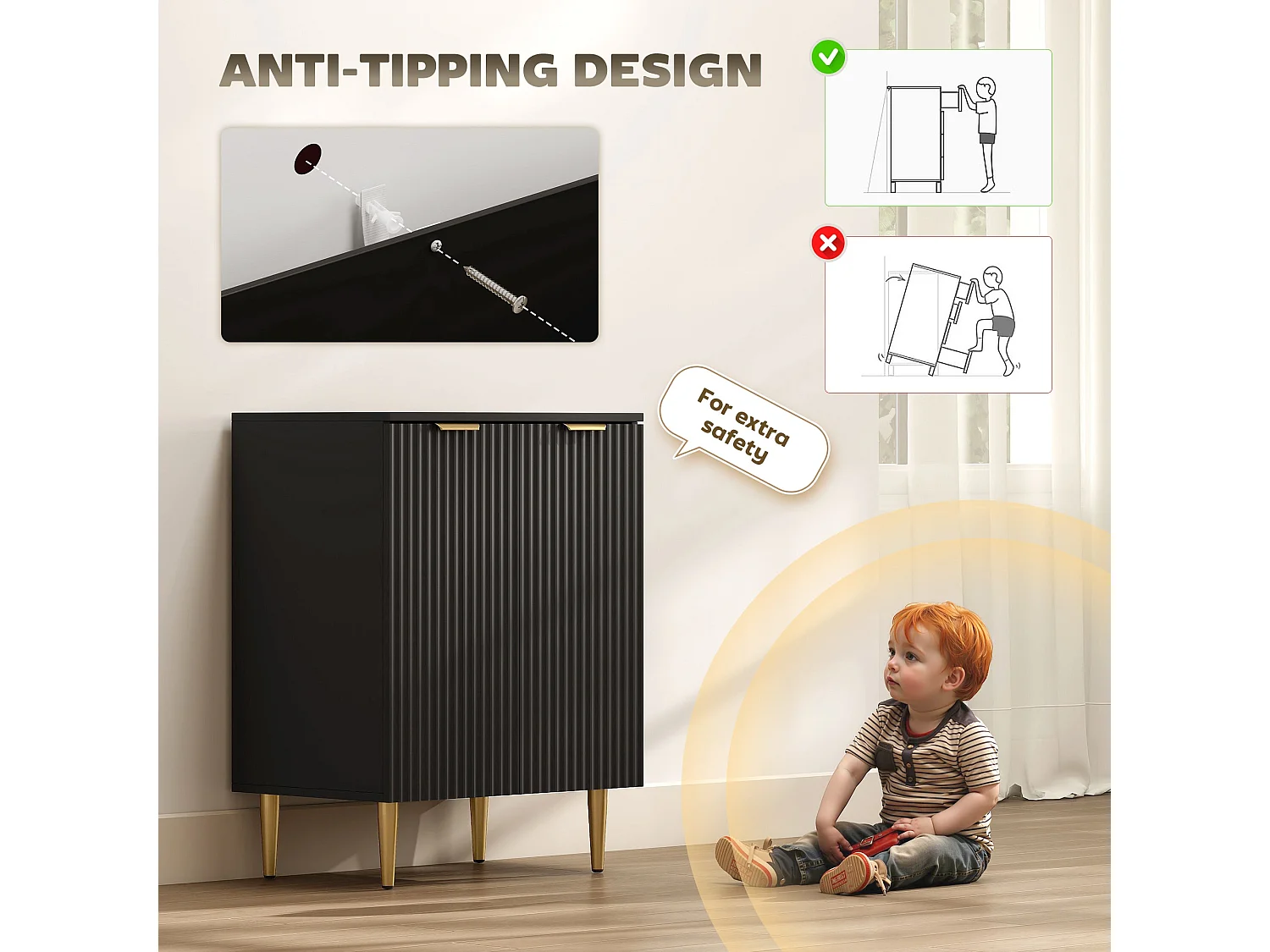 Sutto Black Etched Sideboard 2 Ribbed Doors Gold Accents