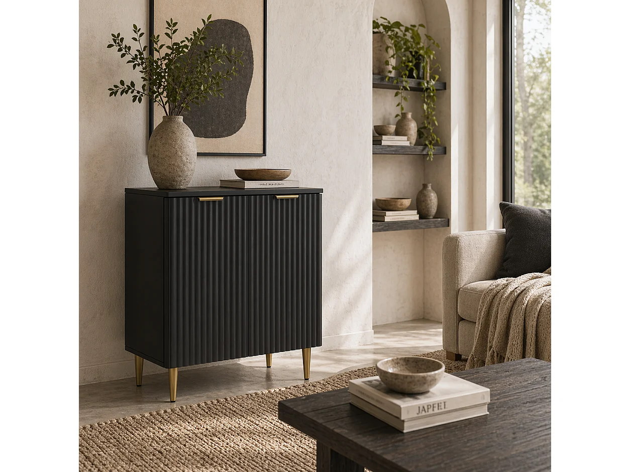 Sutto Black Etched Sideboard 2 Ribbed Doors Gold Accents