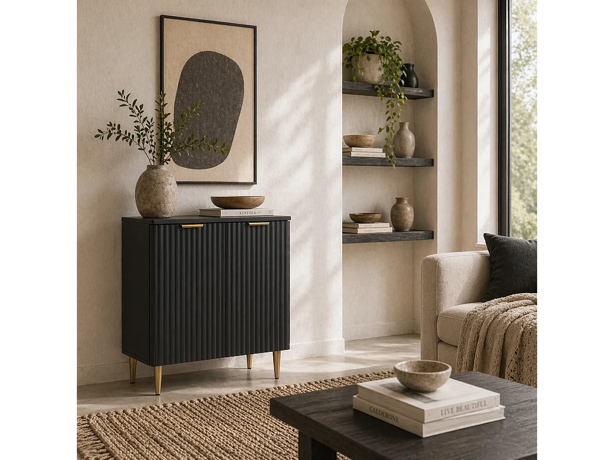 Sutto Black Etched Sideboard 2 Ribbed Doors Gold Accents
