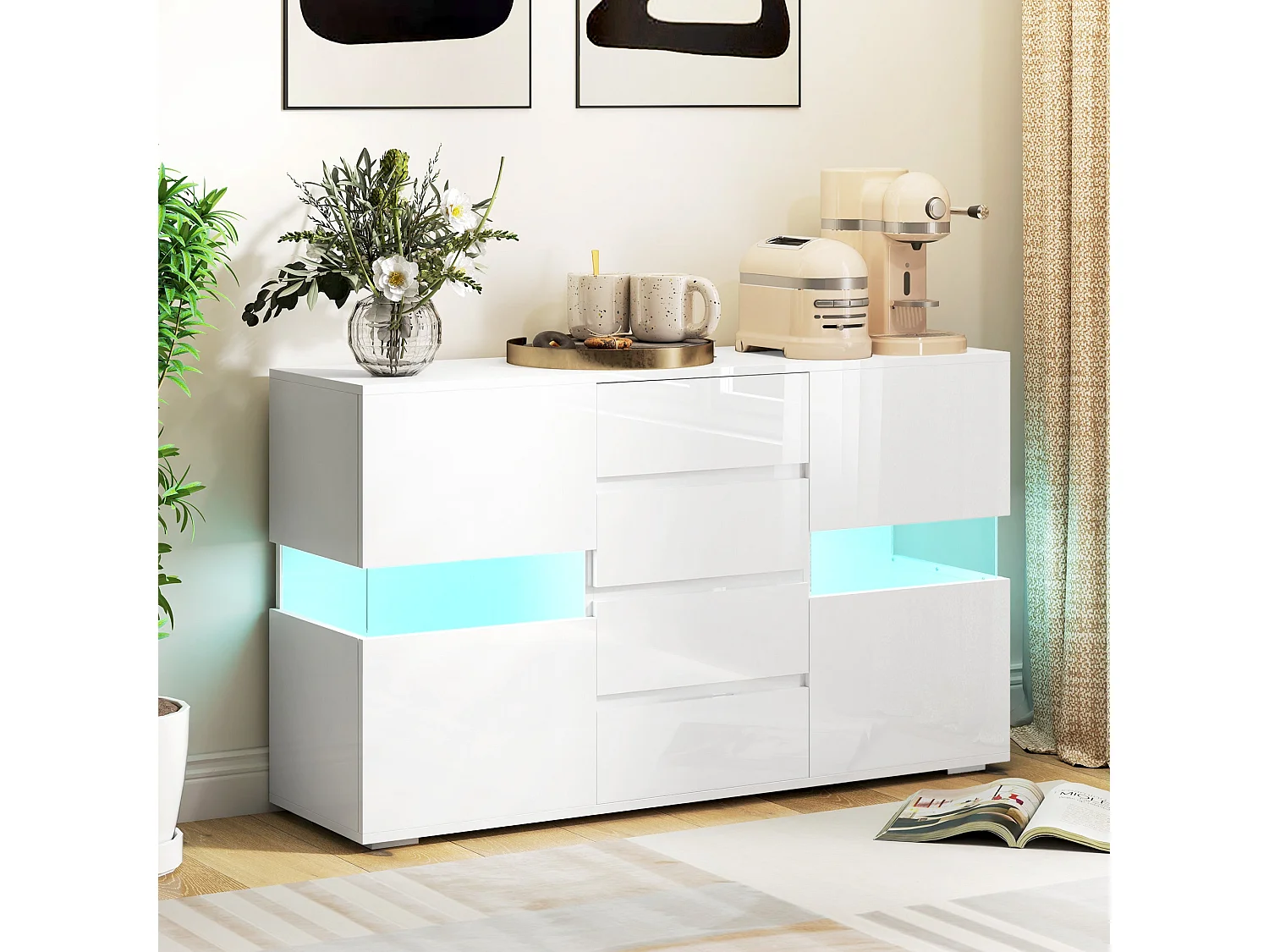 Latoli High Gloss White Sideboard with Integrated LED Lighting 4 Drawers 4 Doors