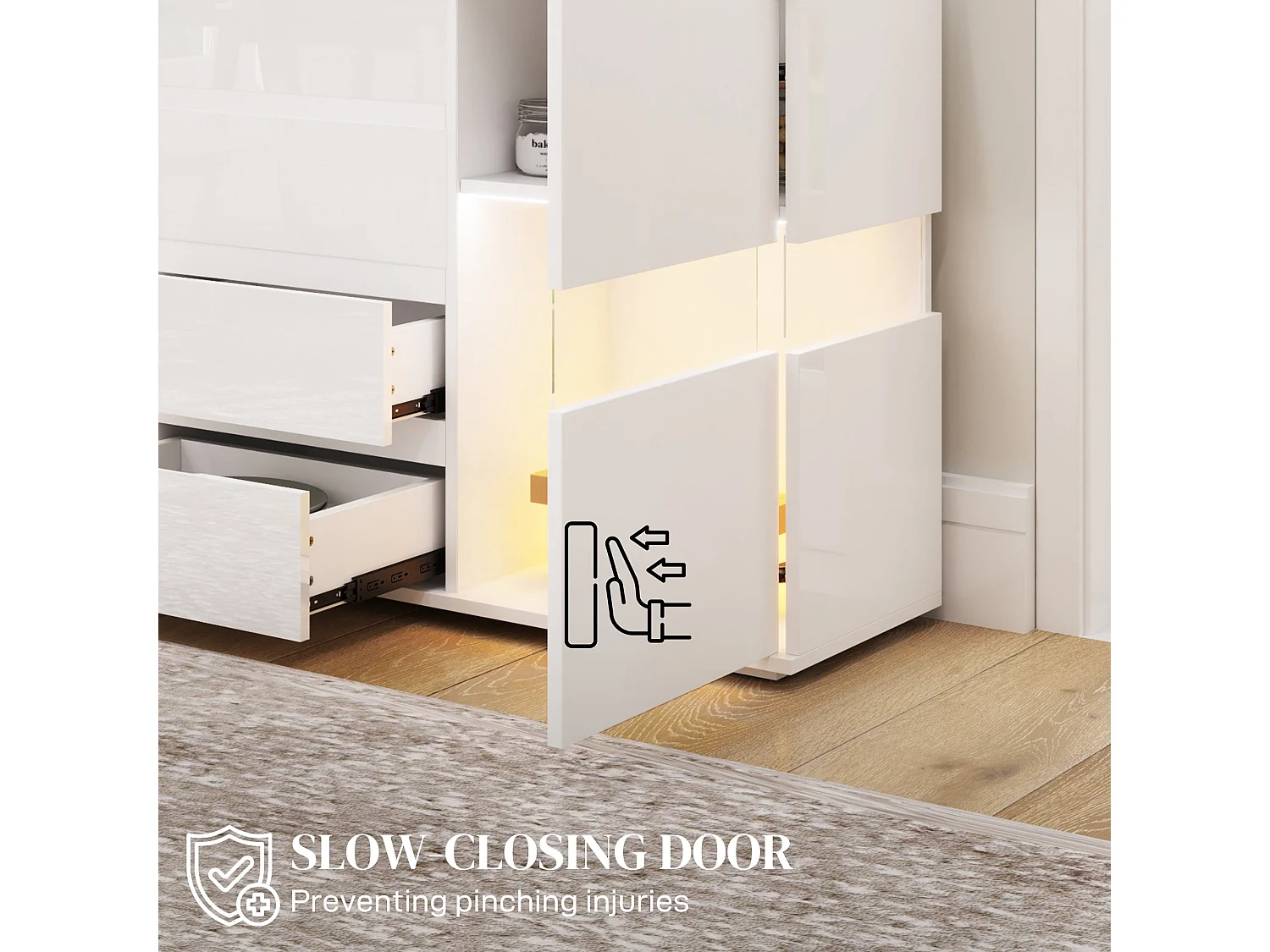 Latoli High Gloss White Sideboard with Integrated LED Lighting 4 Drawers 4 Doors