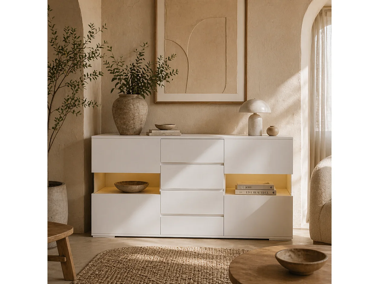 Latoli High Gloss White Sideboard with Integrated LED Lighting 4 Drawers 4 Doors