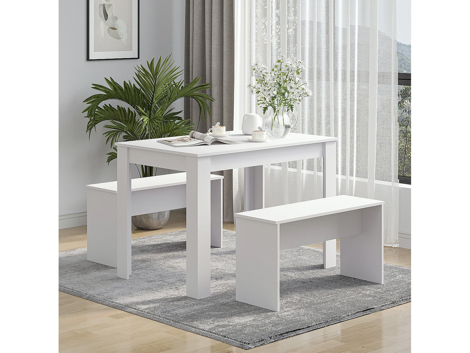 Sono White Rectangular Dining Table with 2 Benches for Compact Spaces