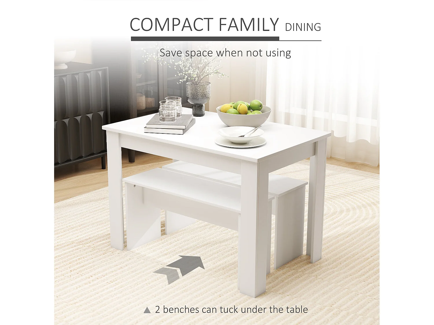 Sono White Rectangular Dining Table with 2 Benches for Compact Spaces