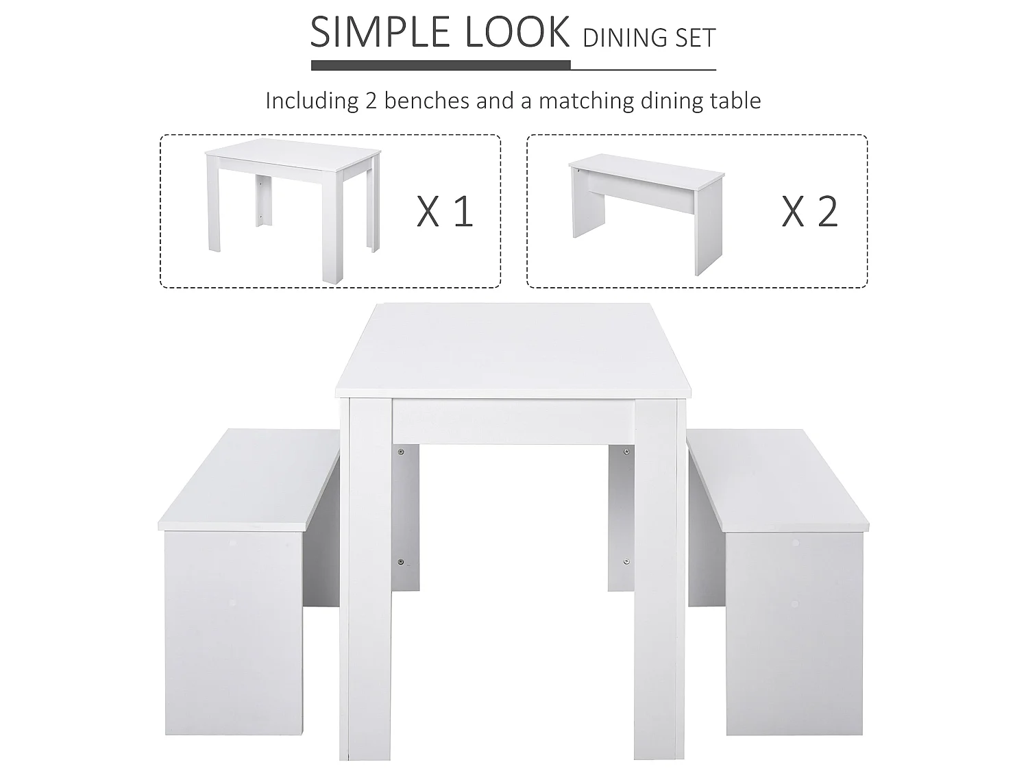 Sono White Rectangular Dining Table with 2 Benches for Compact Spaces