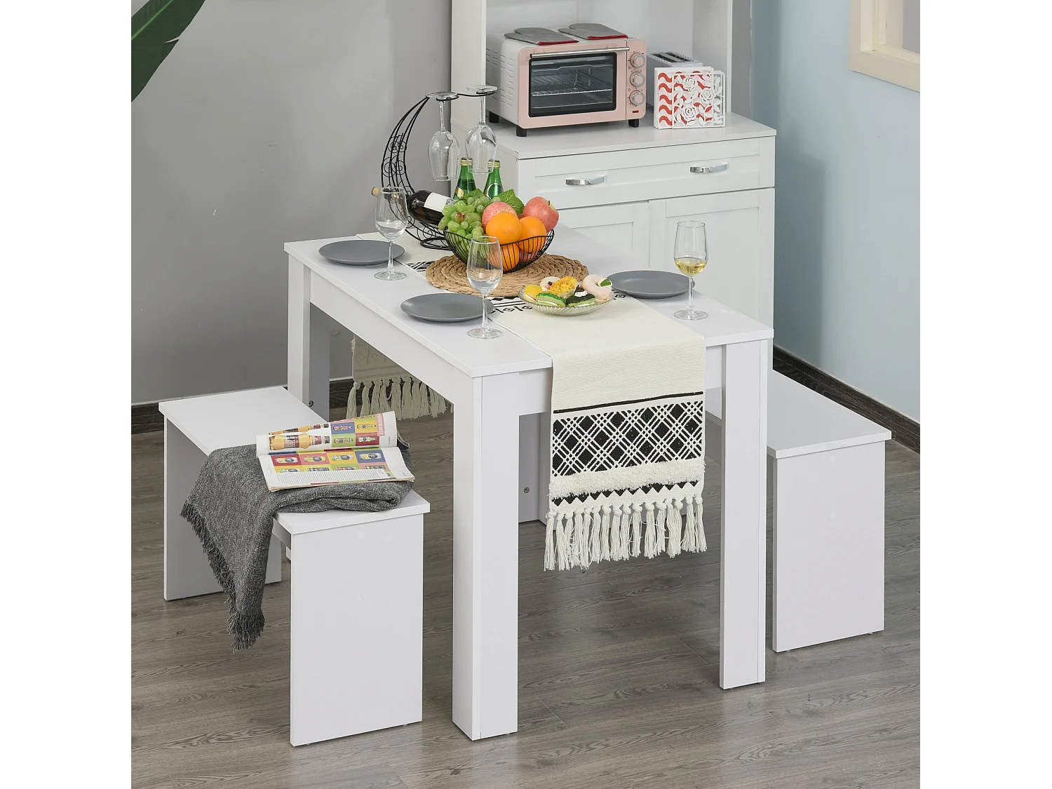 Sono White Rectangular Dining Table with 2 Benches for Compact Spaces