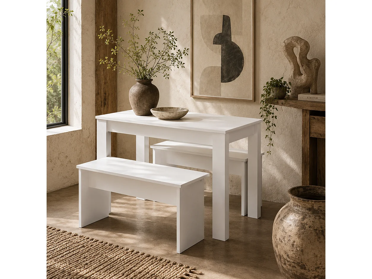 Sono White Rectangular Dining Table with 2 Benches for Compact Spaces