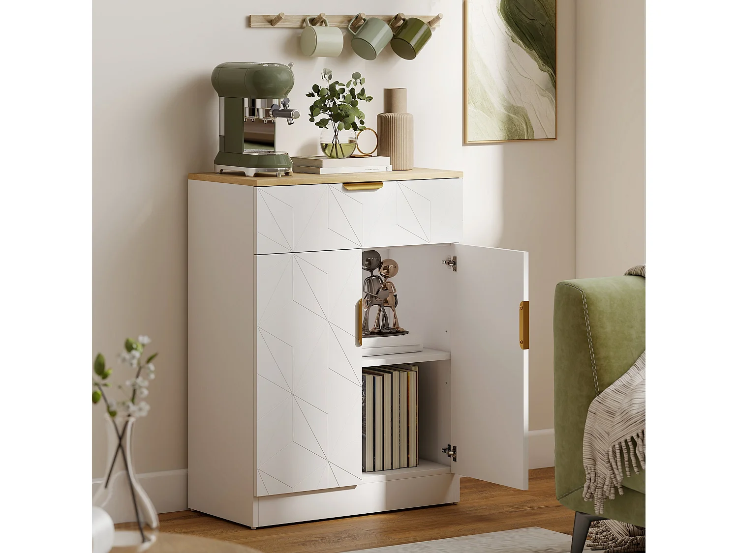 Rilosa Modern Sideboard White and Natural Top Drawer and 2 Doors