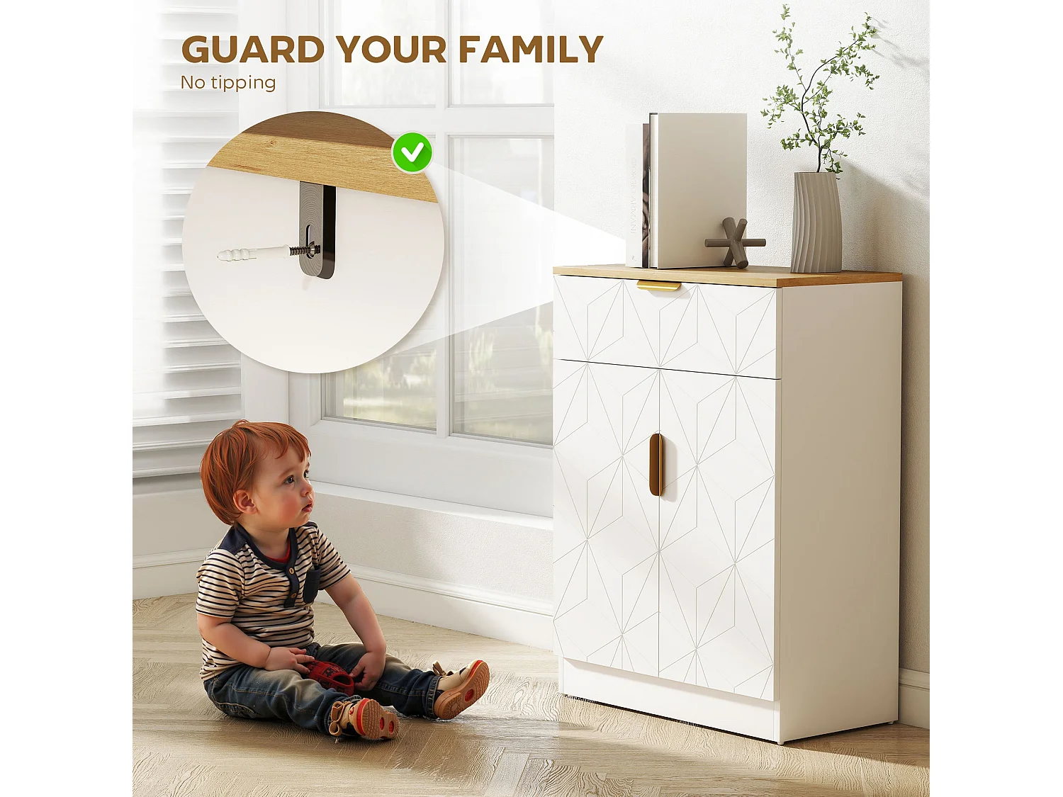 Rilosa Modern Sideboard White and Natural Top Drawer and 2 Doors