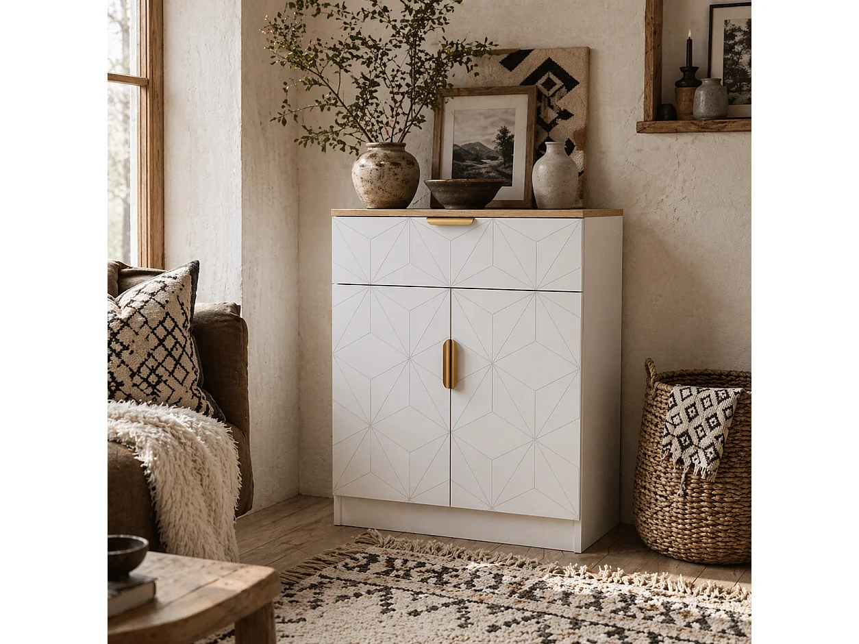 Rilosa Modern Sideboard White and Natural Top Drawer and 2 Doors