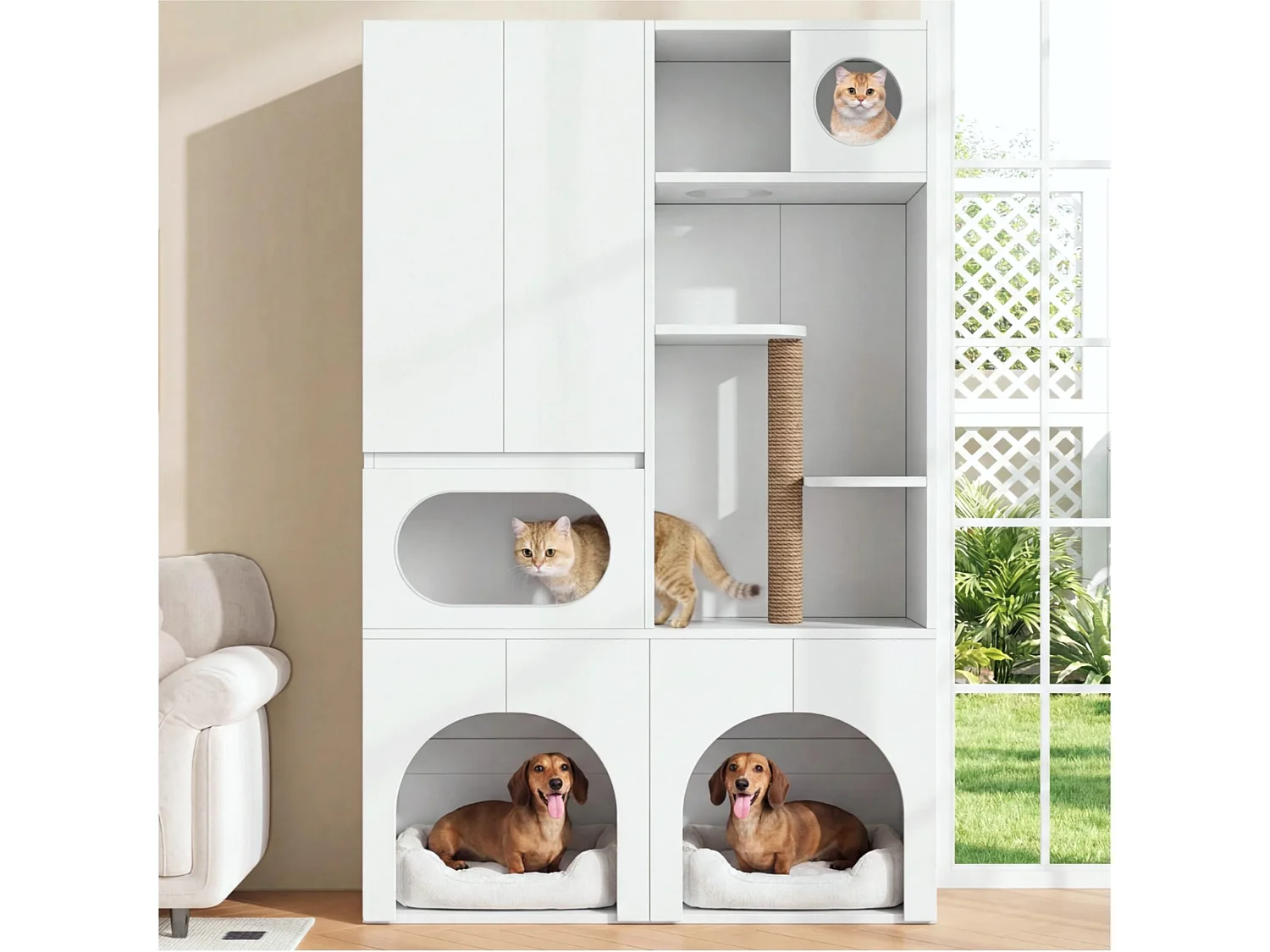 Pet Storage Cabinet 140x45x195 cm - Cat Tree - Two Litter Boxes - Scratching Post and Rest Area - White