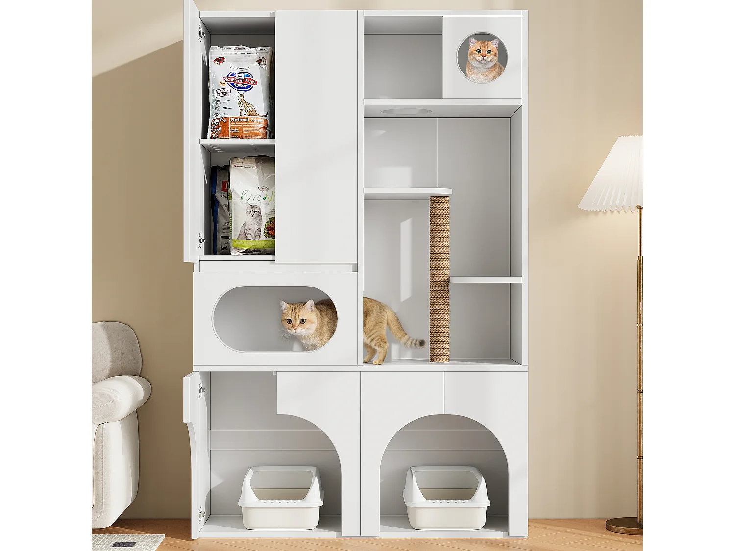 Pet Storage Cabinet 140x45x195 cm - Cat Tree - Two Litter Boxes - Scratching Post and Rest Area - White