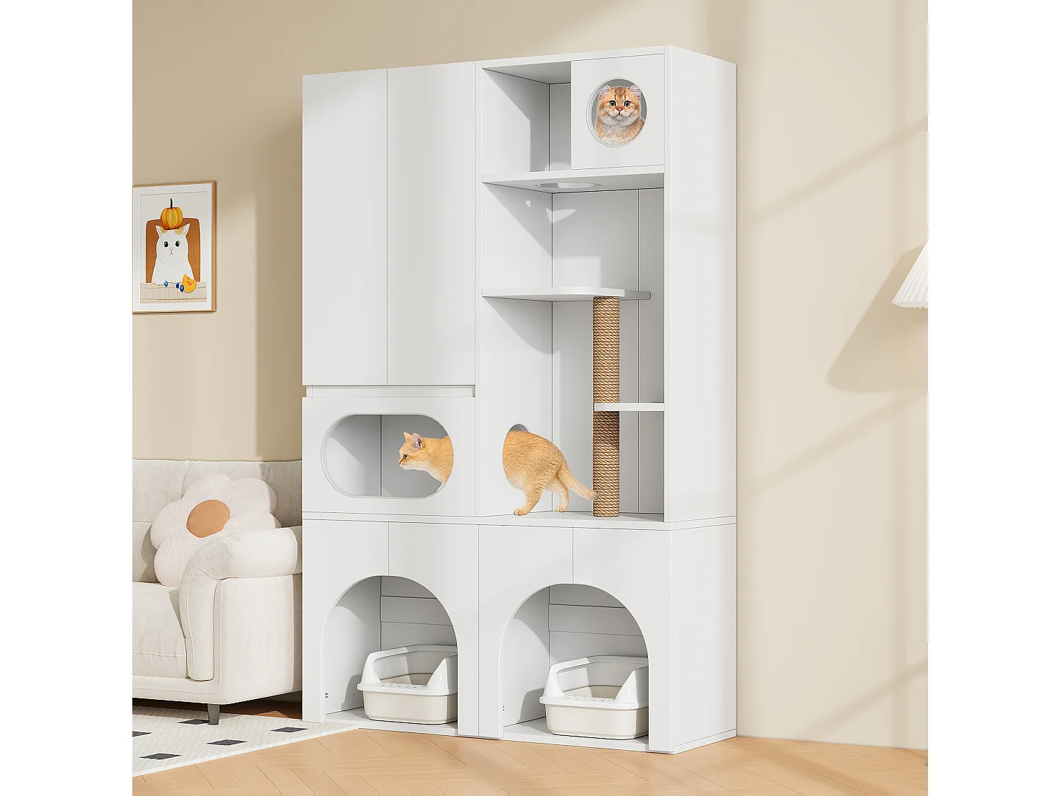 Pet Storage Cabinet 140x45x195 cm - Cat Tree - Two Litter Boxes - Scratching Post and Rest Area - White