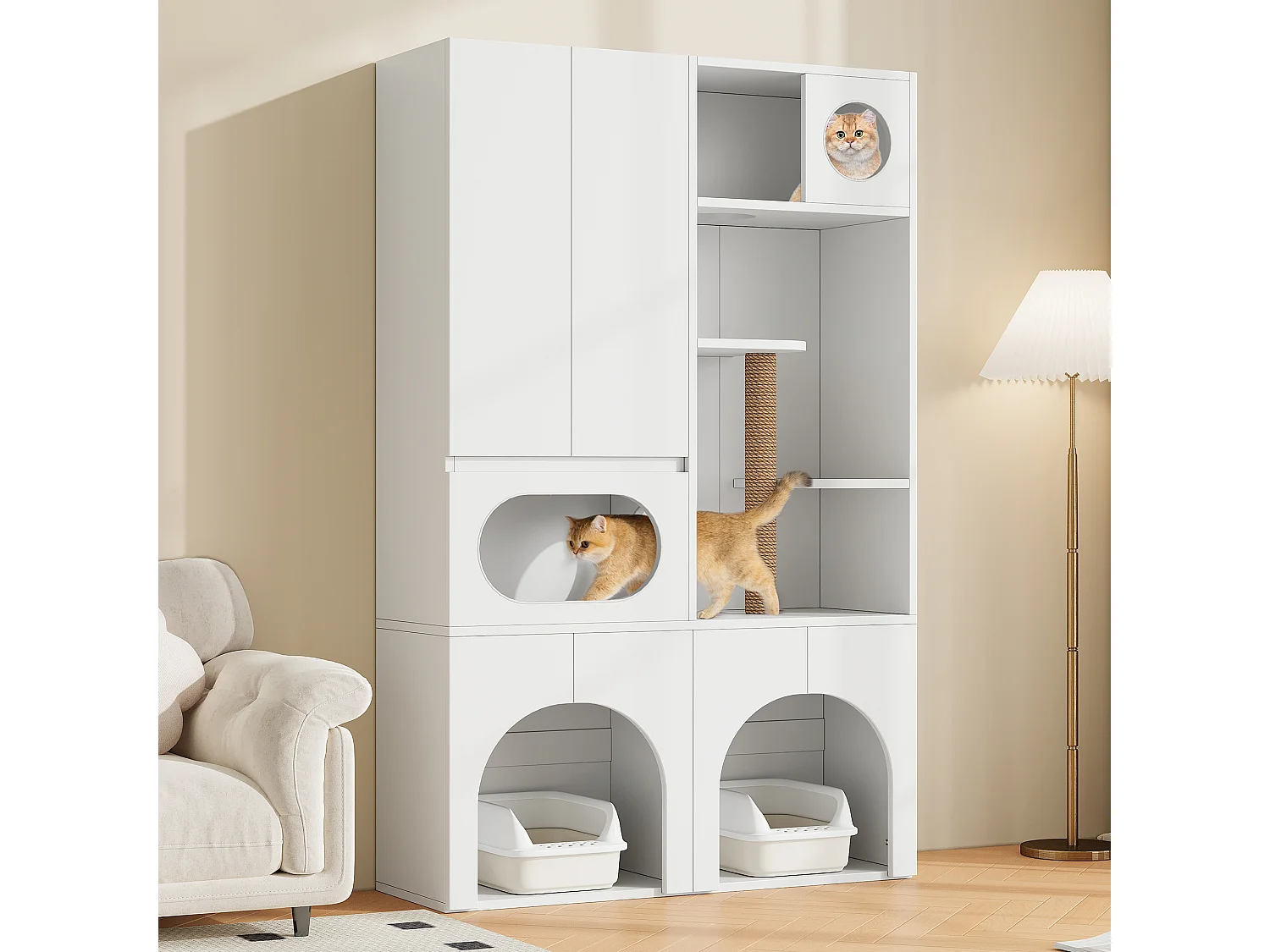 Pet Storage Cabinet 140x45x195 cm - Cat Tree - Two Litter Boxes - Scratching Post and Rest Area - White