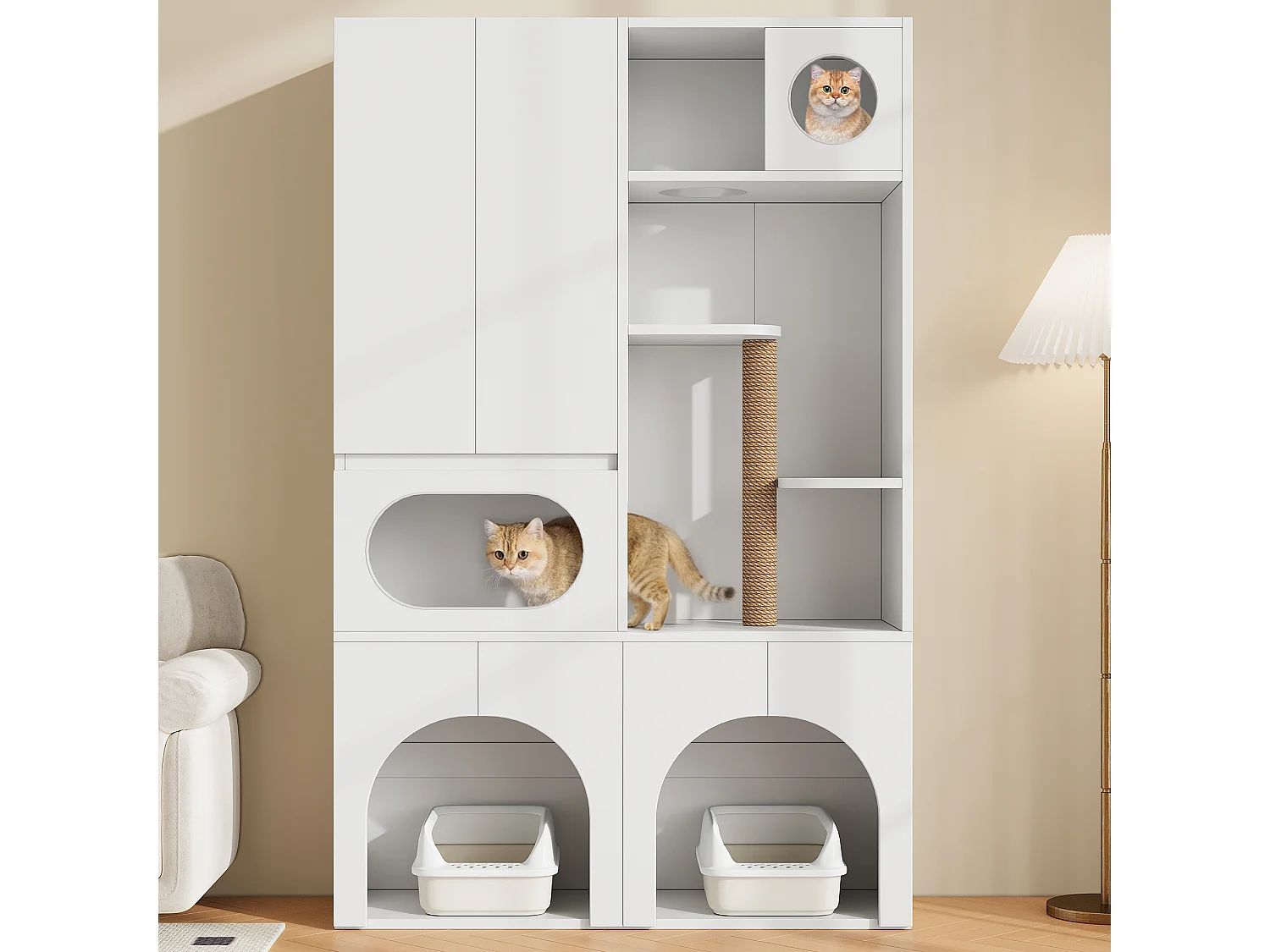 Pet Storage Cabinet 140x45x195 cm - Cat Tree - Two Litter Boxes - Scratching Post and Rest Area - White
