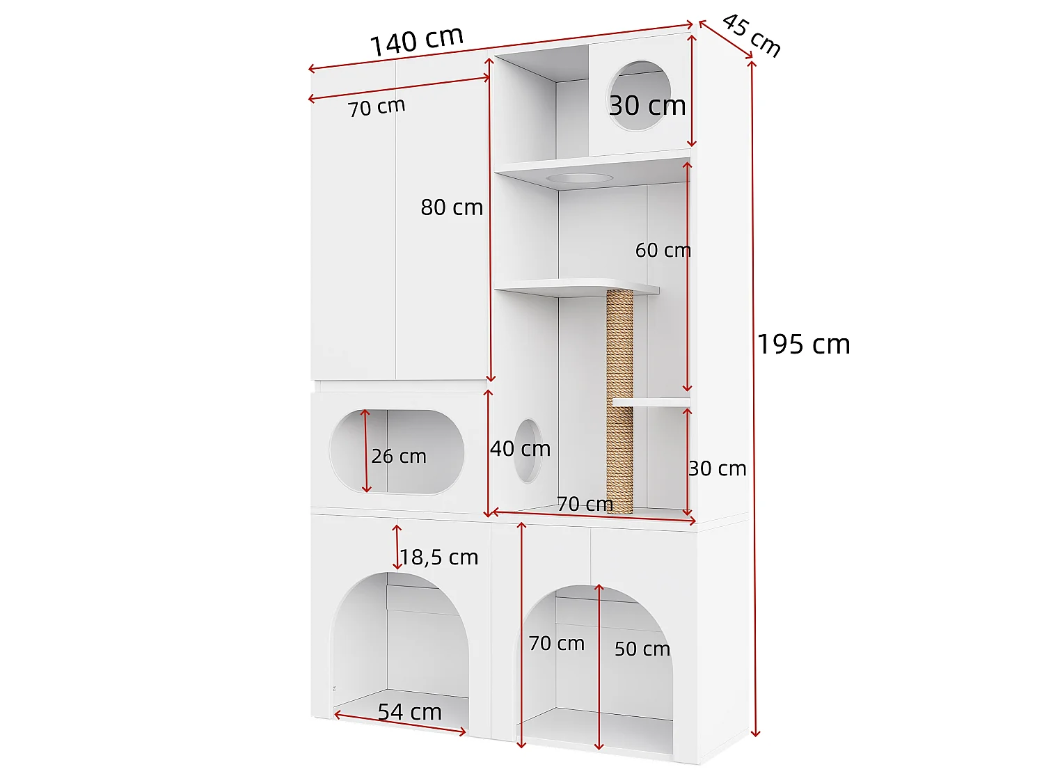 Pet Storage Cabinet 140x45x195 cm - Cat Tree - Two Litter Boxes - Scratching Post and Rest Area - White
