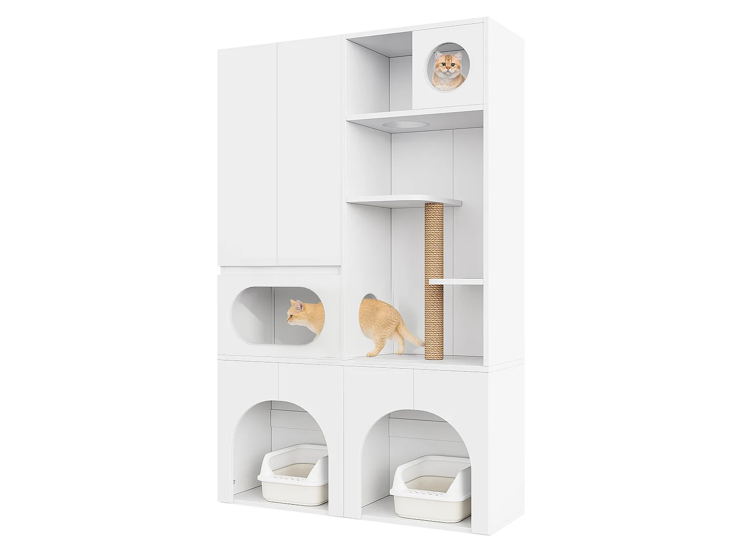 Pet Storage Cabinet 140x45x195 cm - Cat Tree - Two Litter Boxes - Scratching Post and Rest Area - White