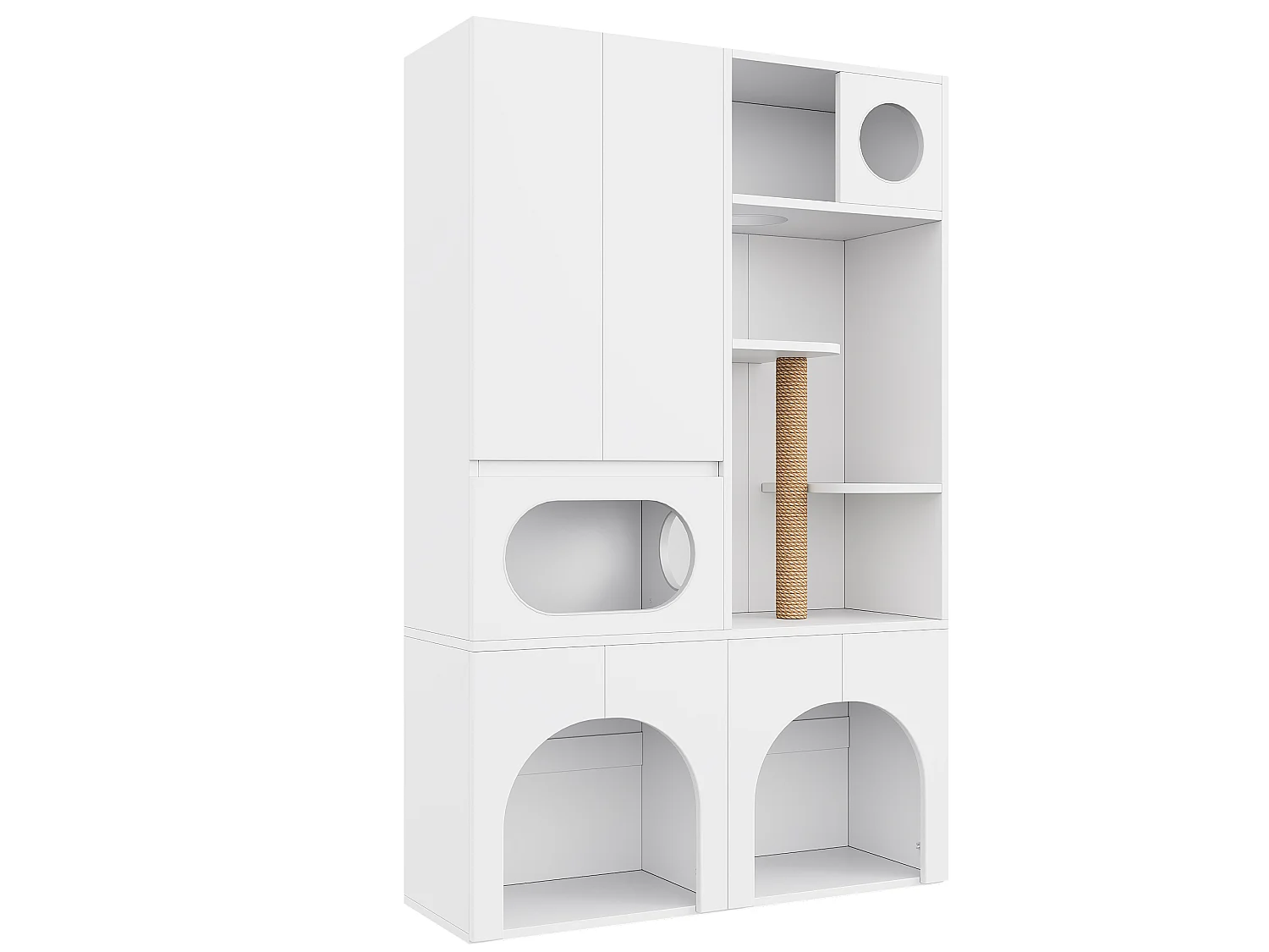 Pet Storage Cabinet 140x45x195 cm - Cat Tree - Two Litter Boxes - Scratching Post and Rest Area - White