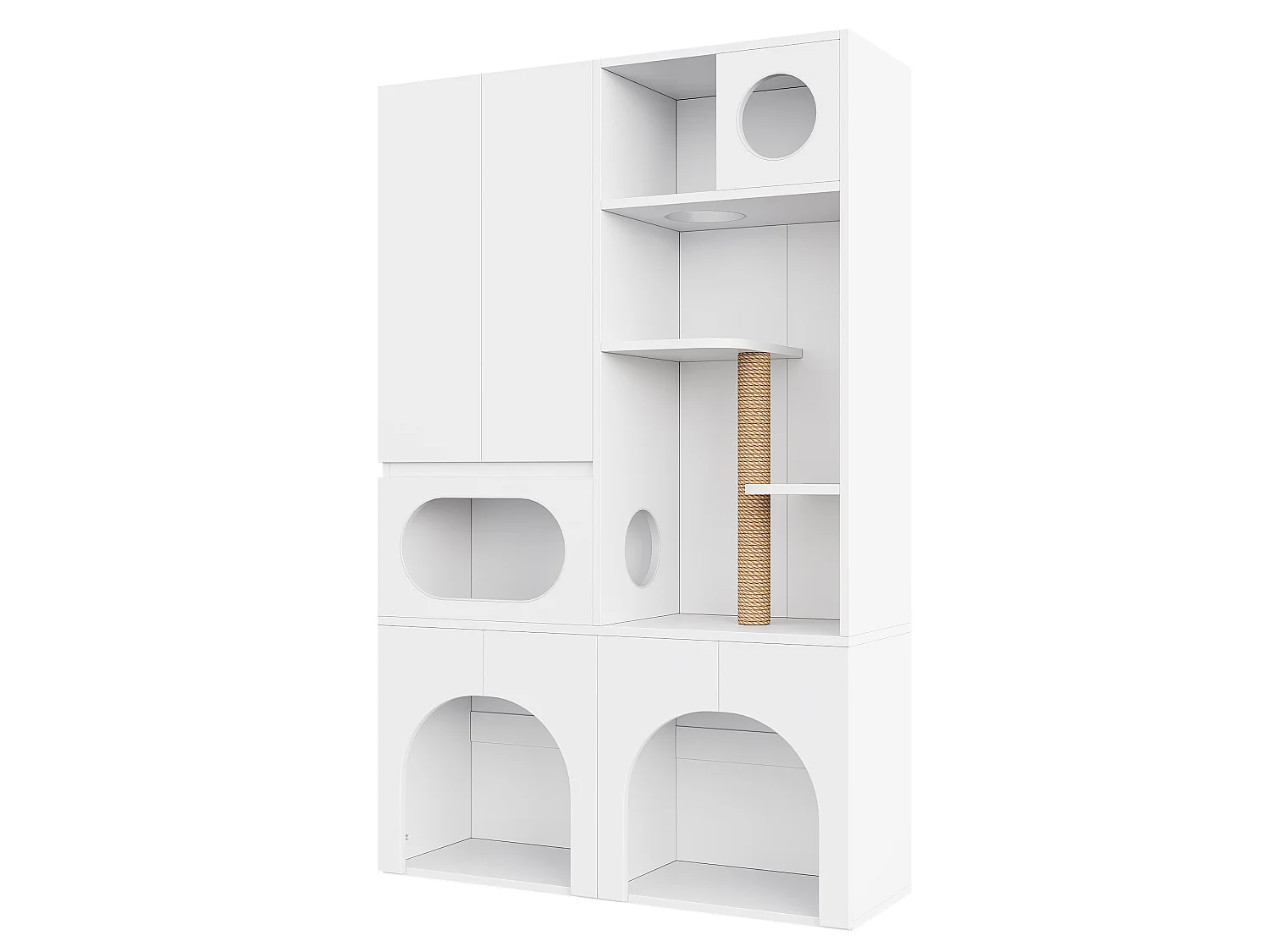 Pet Storage Cabinet 140x45x195 cm - Cat Tree - Two Litter Boxes - Scratching Post and Rest Area - White