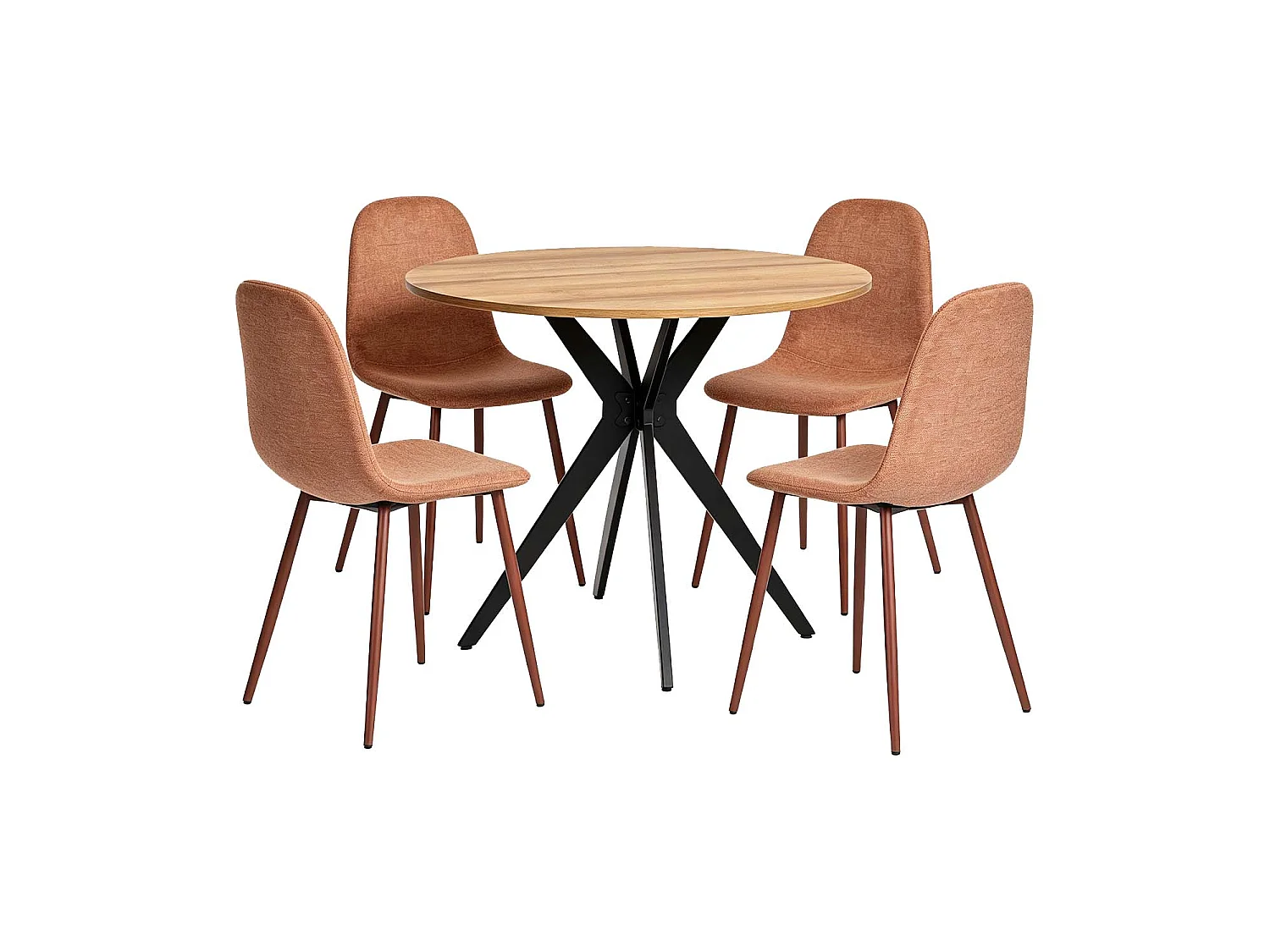 CLIFTXCHARLTON - Table à manger ronde de 100 cm en imitation chêne et pieds métal noirs avec 4 chaises en tissu brique