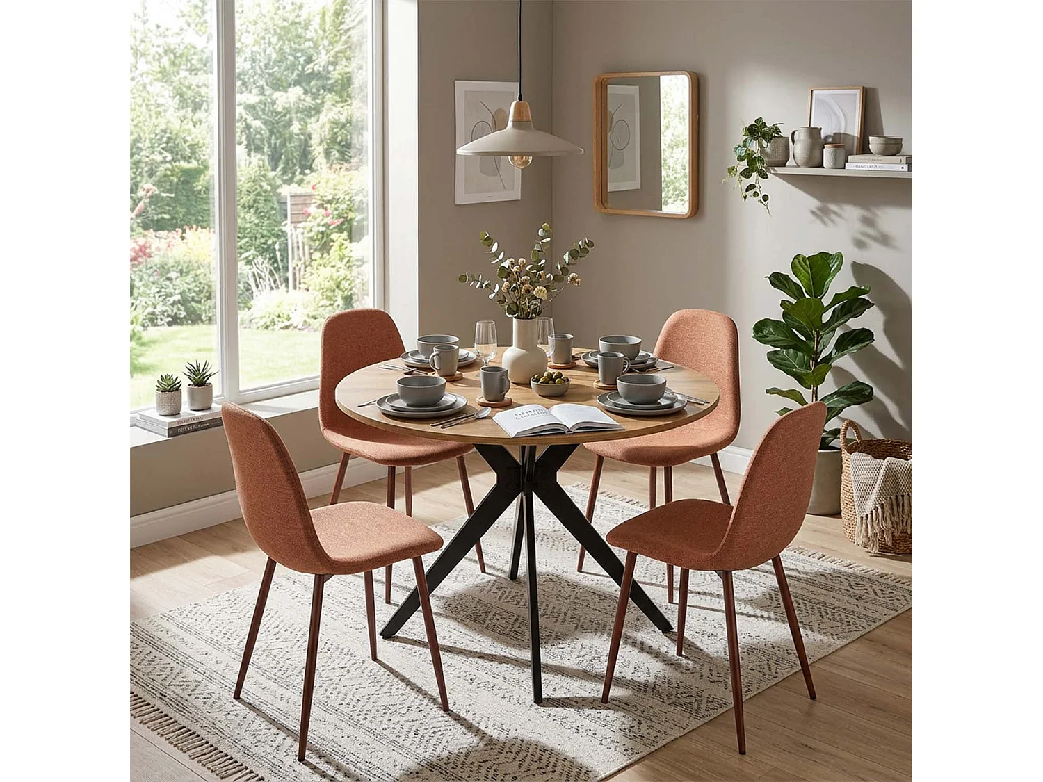 CLIFTXCHARLTON - Table à manger ronde de 100 cm en imitation chêne et pieds métal noirs avec 4 chaises en tissu brique