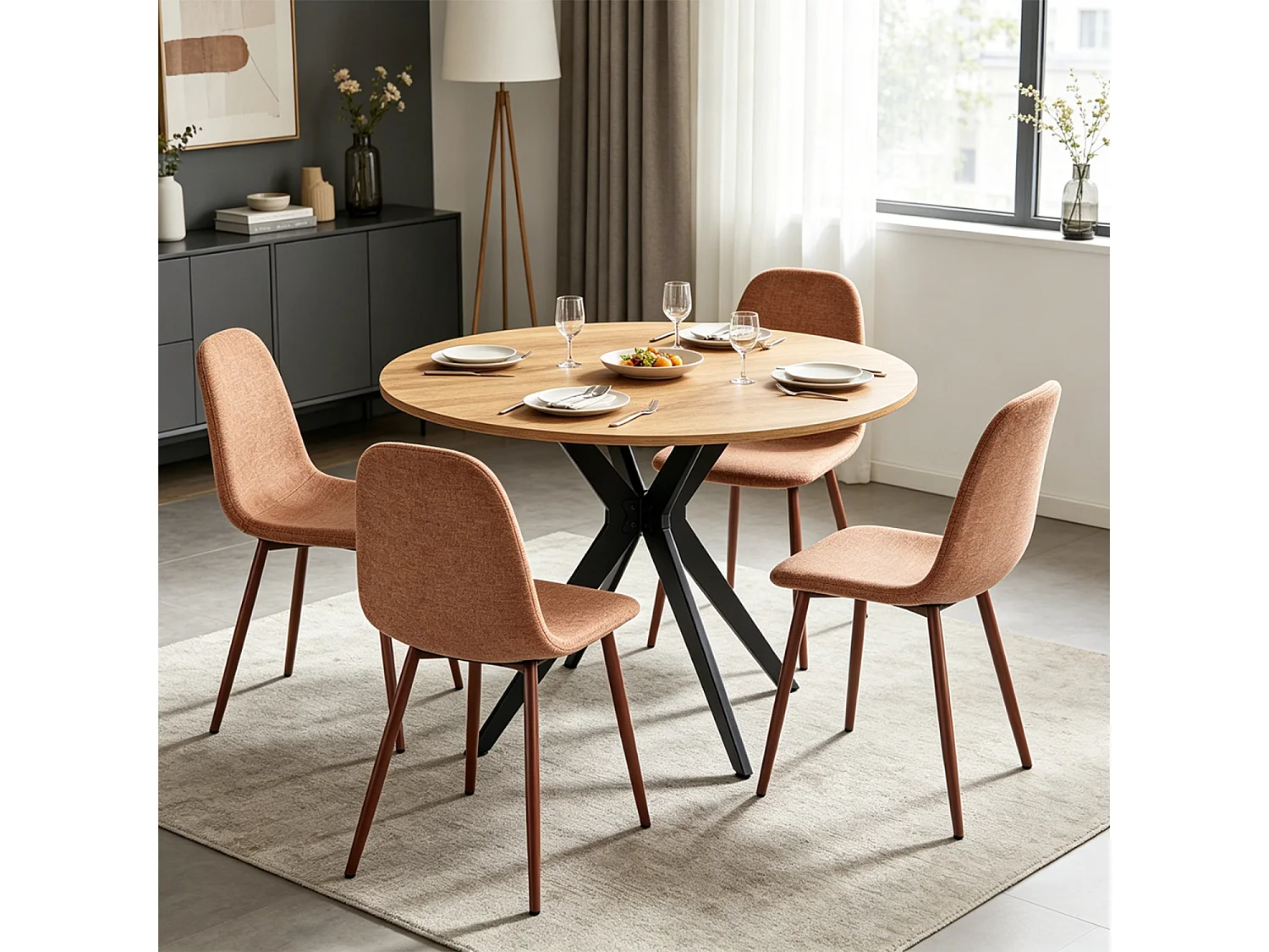 CLIFTXCHARLTON - Table à manger ronde de 100 cm en imitation chêne et pieds métal noirs avec 4 chaises en tissu brique