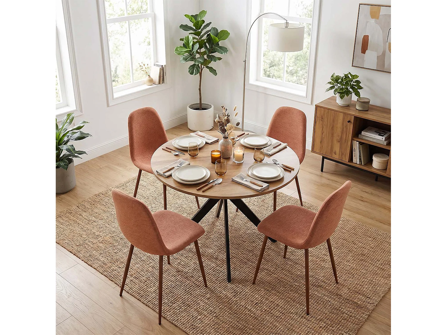 CLIFTXCHARLTON - Table à manger ronde de 100 cm en imitation chêne et pieds métal noirs avec 4 chaises en tissu brique